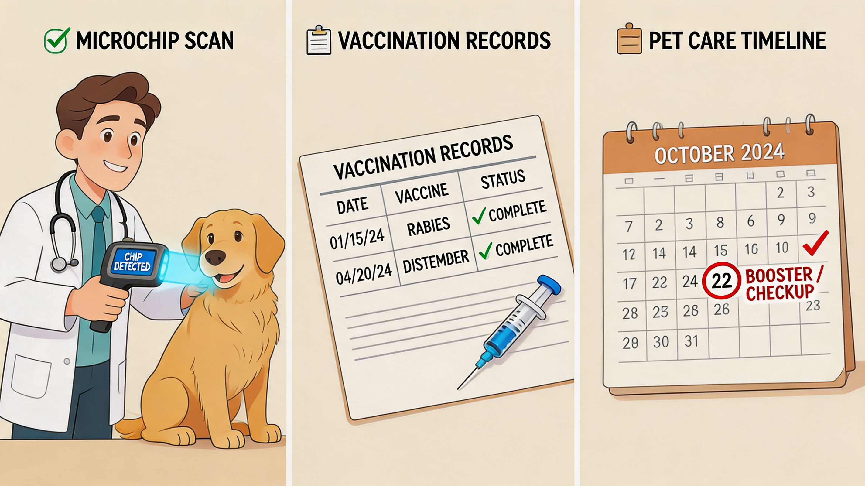 A veterinarian scanning a golden retriever for a microchip alongside vaccination records and a medical appointment calendar.