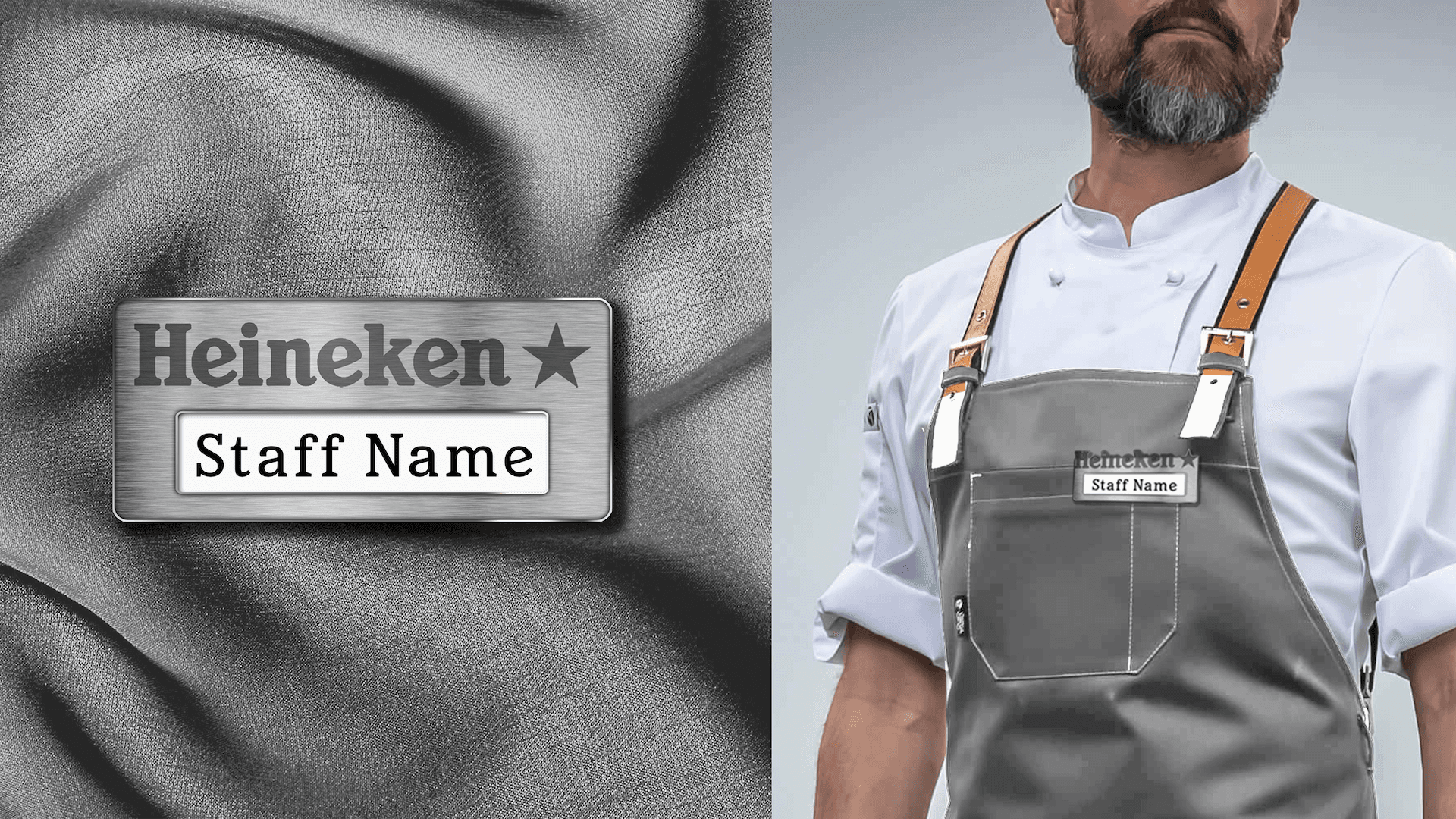 Staff badge and apron design created by our team for Heineken Silver beach bar branding