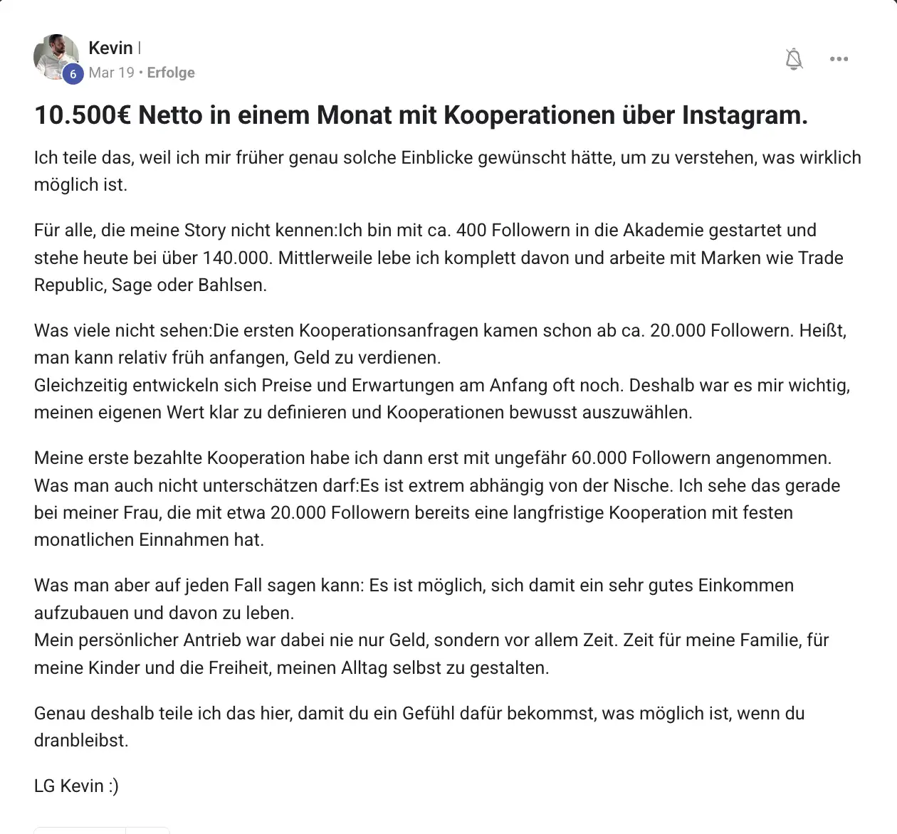 Mitglied der KI Creator Akademie: Kevin verdient 10.500 Euro im Monat und wächst auf 140.000 Follower