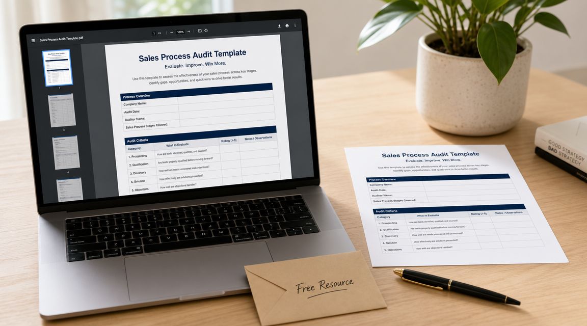 A laptop and printed document featuring a sales process audit template on a wooden desk with stationery.