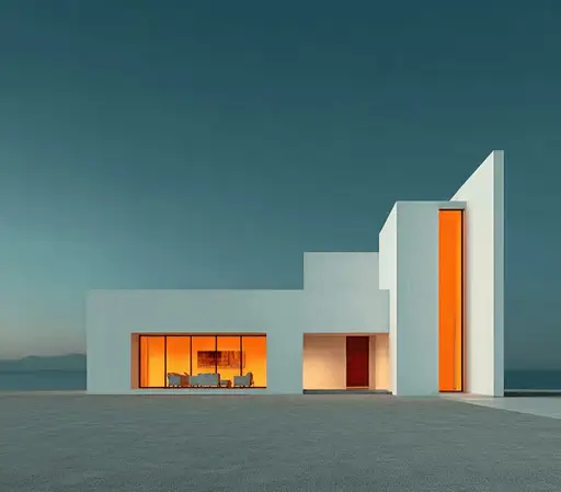 Minimalist modern white house at dusk