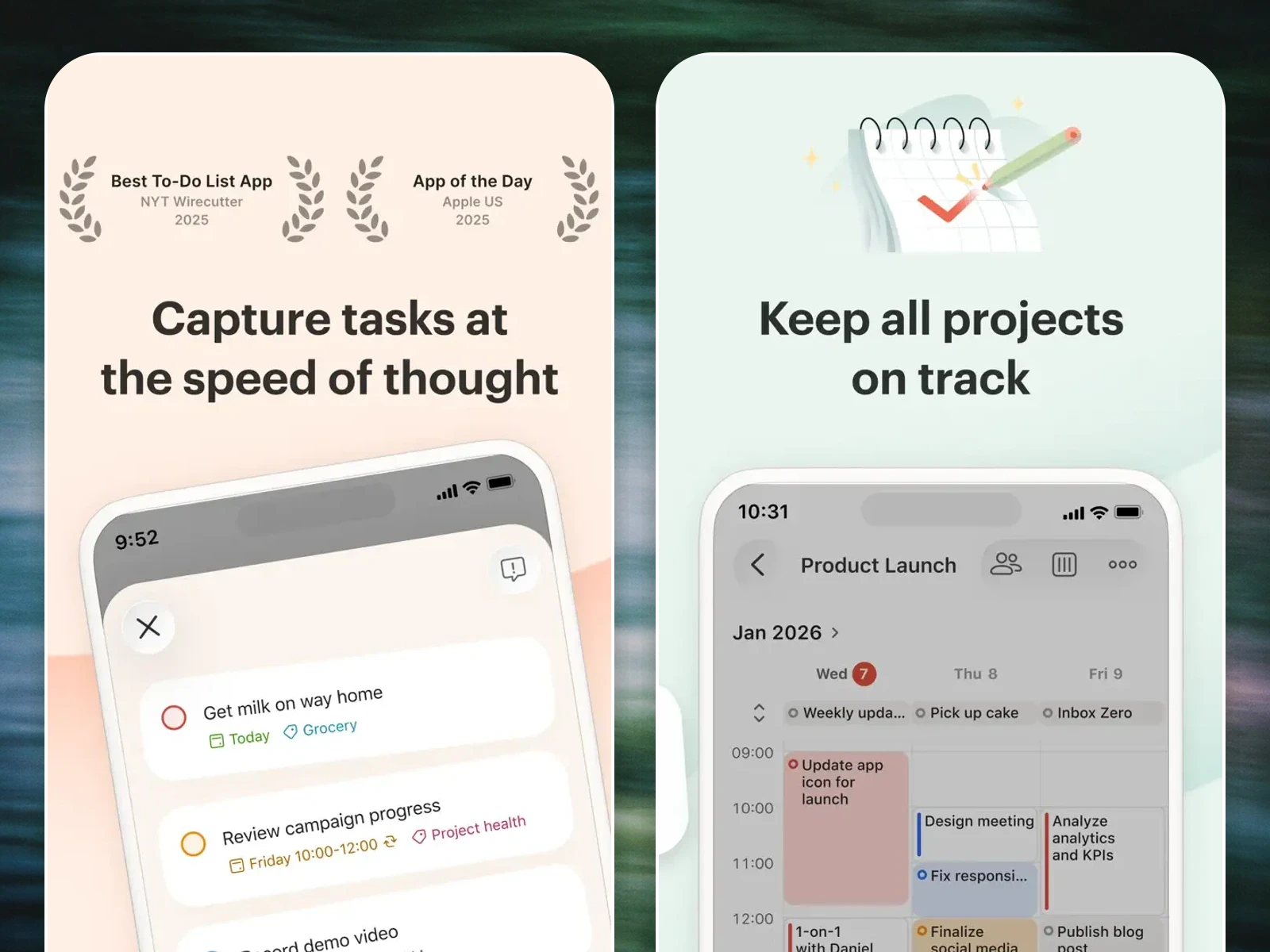 Todoist task management interface shown in two large rounded app screenshots