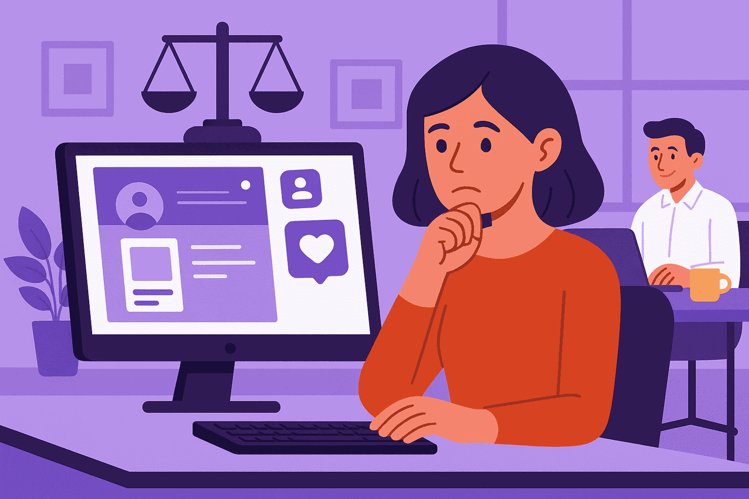 Flat-style digital illustration showing a thoughtful professional analyzing social media data on a desktop computer, symbolizing ethical and responsible social media monitoring practices in the workplace.