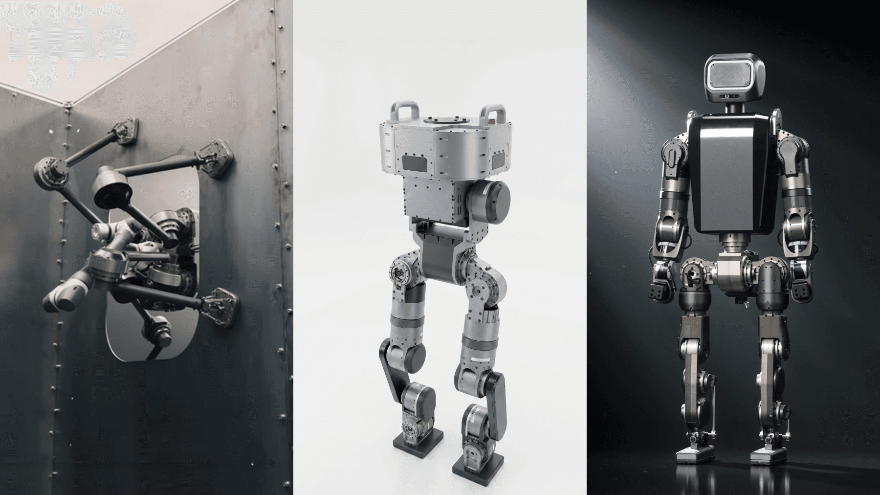 DIDEN Robotics' quadrupedal robot, bipedal platform, and humanoid. All three move on the same in-house actuator module and a single learning pipeline.