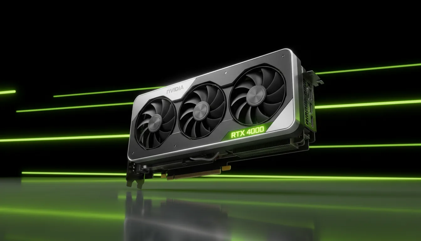 A sleek 3D product render of a futuristic NVIDIA RTX 4090 graphics card, captured at a dynamic three-quarters angle. The GPU floats above a highly reflective, glossy surface that perfectly mirrors the card. The background is deep black, accented with abstract, horizontal streaks of vibrant lime green light that convey a sense of extreme speed, with a subtle motion blur effect. The lighting is dramatic studio style, with soft global illumination and sharp key lights creating cinematic contrast, highlighting the GPU's matte black and brushed silver metal materials. The cooling fan is visible through the shroud.