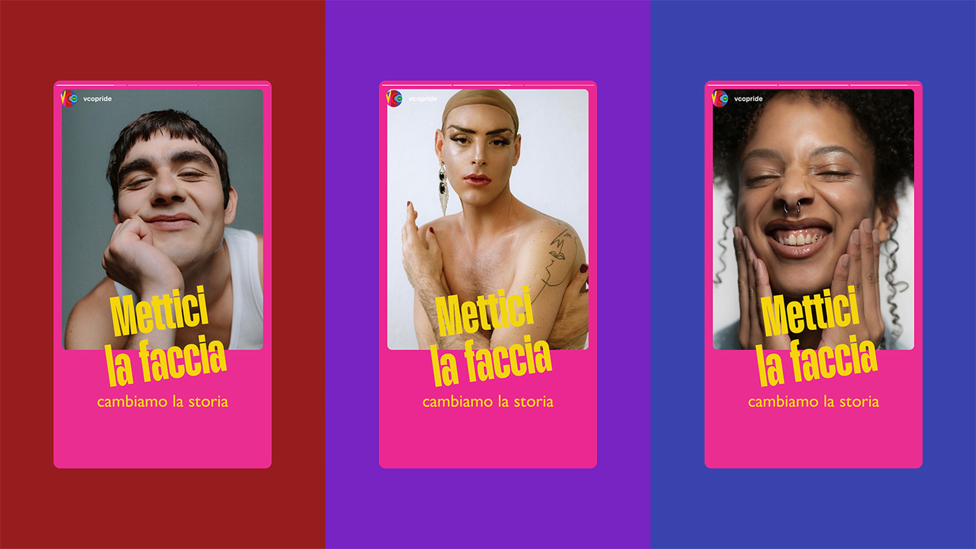 Three VCO Pride story visuals side by side, each featuring a different person posing against colorful backgrounds. Bold yellow text reads: “Put your face to it, let’s change history.”