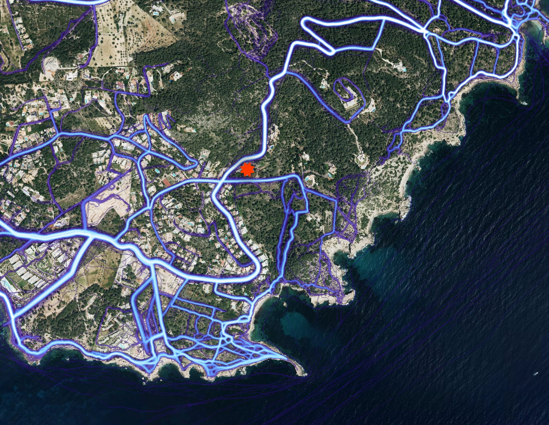 Ibiza satellite performance map showing running and cycling routes around Can Nemo estate location.
