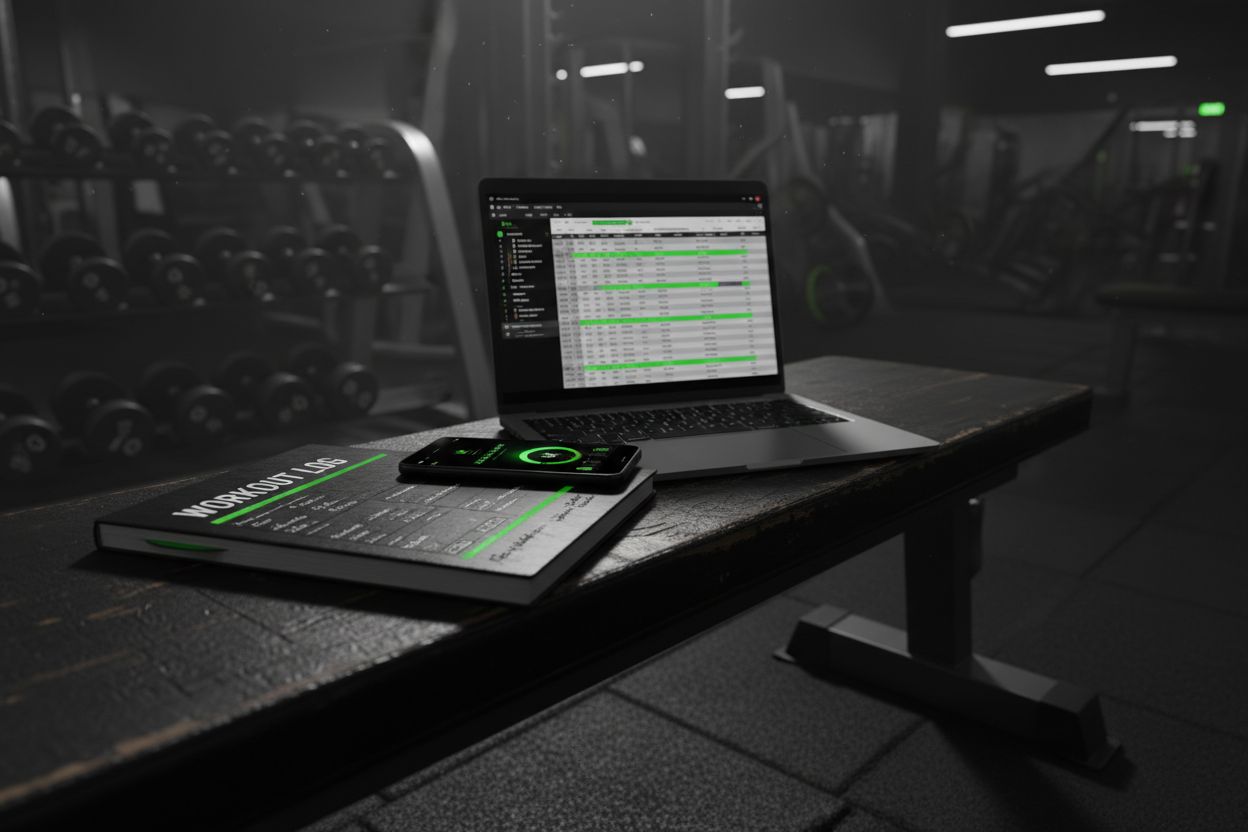 A notebook, spreadsheet, and phone used to record exercise