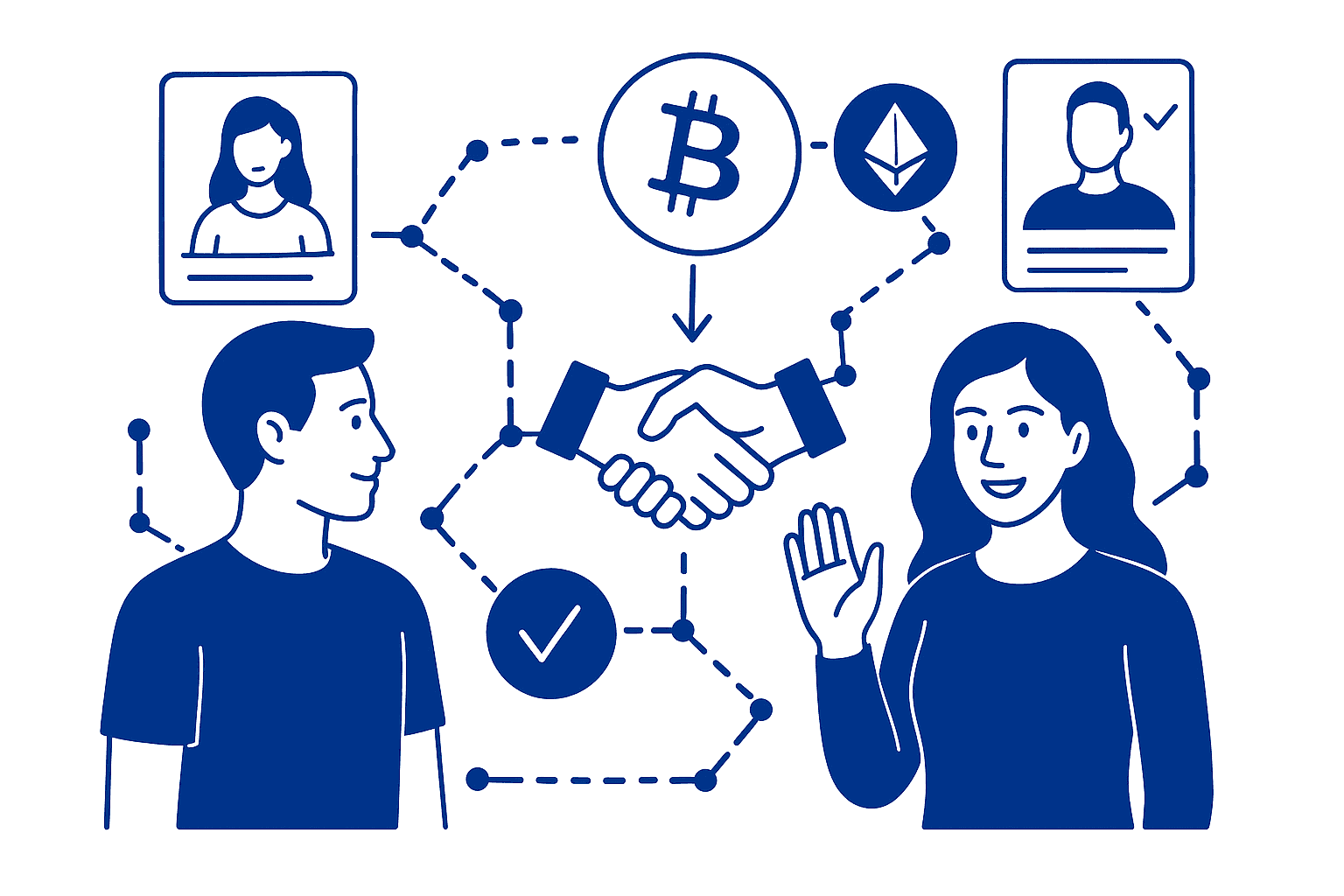 Illustration represents two people that found the right Web3 KOLs for upcoming marketing campaign and made a deal with them