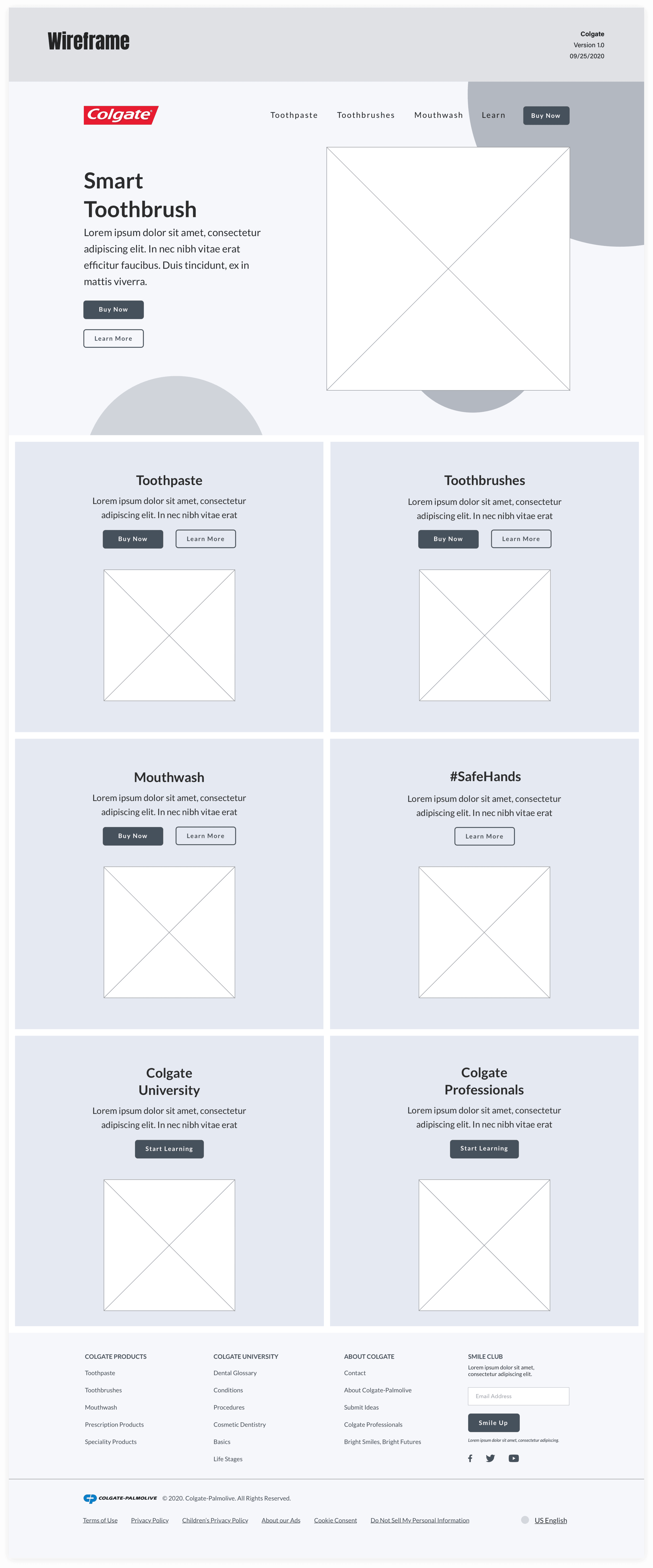 Colgate low-fidelity homepage wireframe