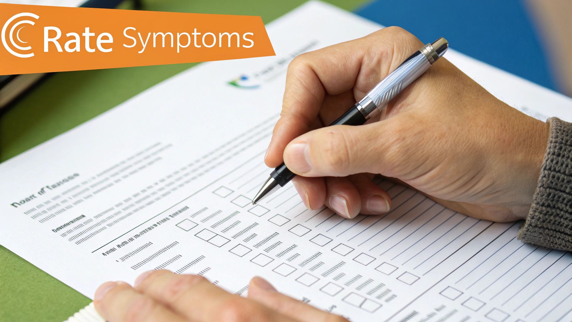 A patient carefully filling out a medical questionnaire form.