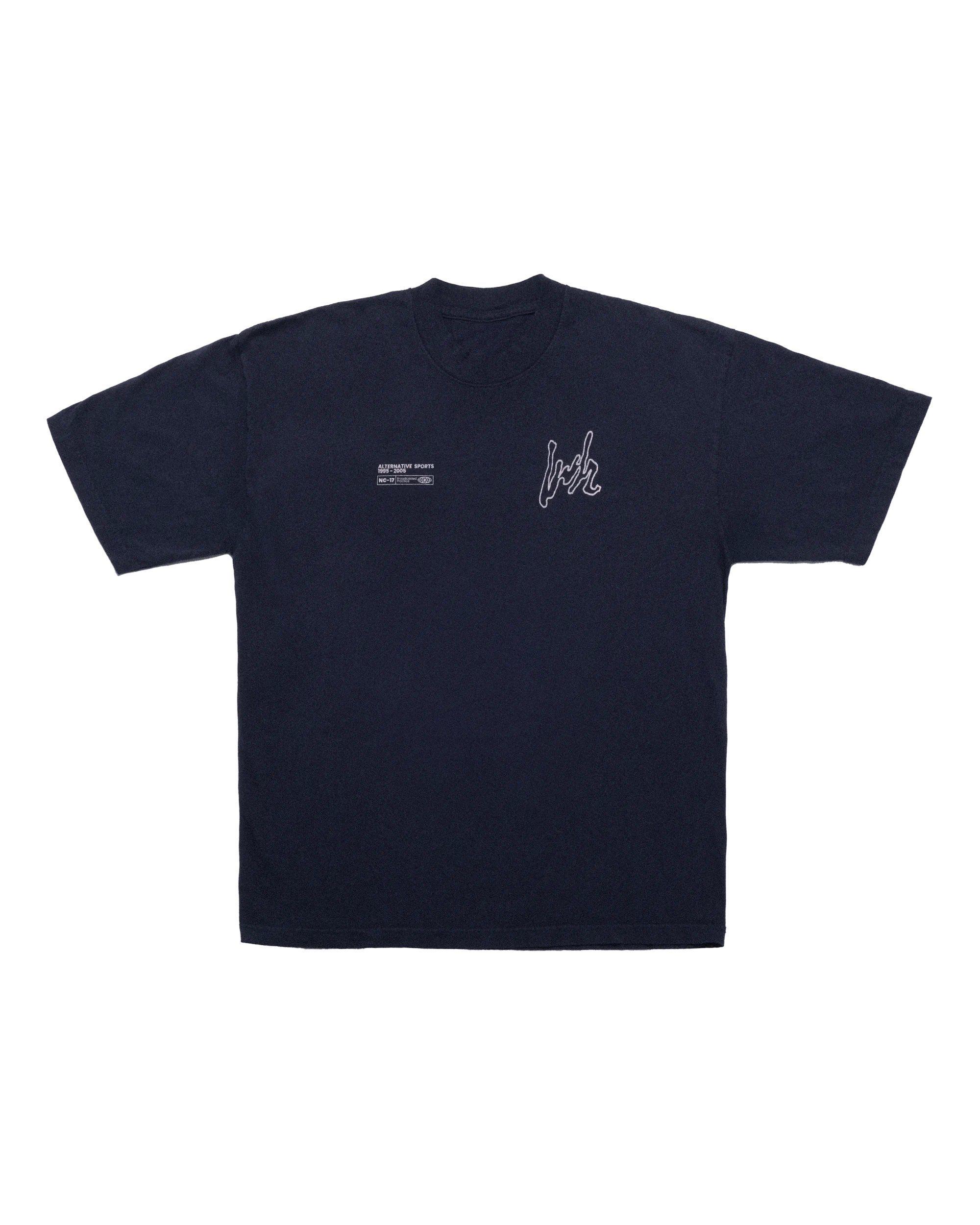 Navy Alternative Sports T-Shirt featuring silkscreen print of the alternative LWH mark and advisory label in Pink.