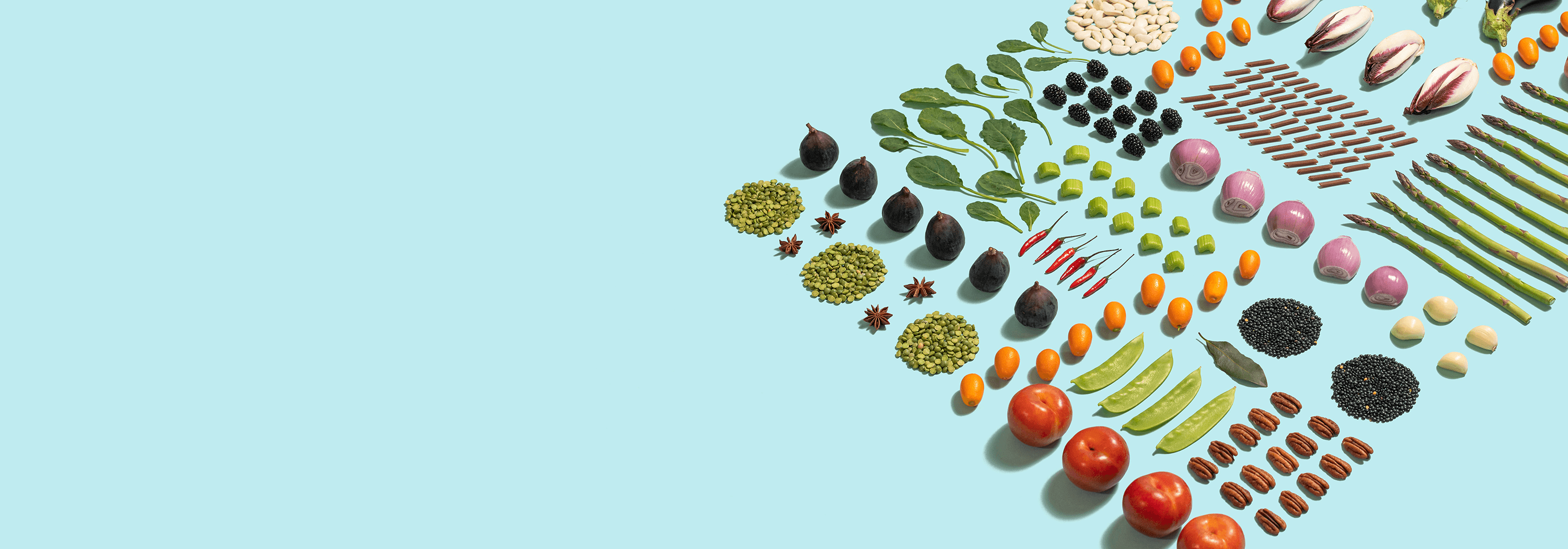 Various types of vegetables are arranged to look like farmland and/or a circuit board on a light blue background.