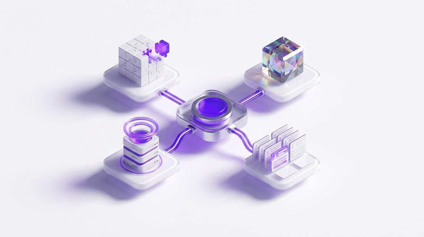 3D isometric illustration of CRM Appending and Enrichment showing a data puzzle cube, database hydration rings, and verified contact records