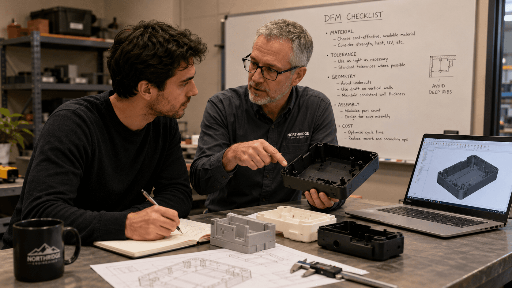 Hardware founder and manufacturing engineer reviewing a plastic enclosure for DFM issues before finalizing the factory quote.