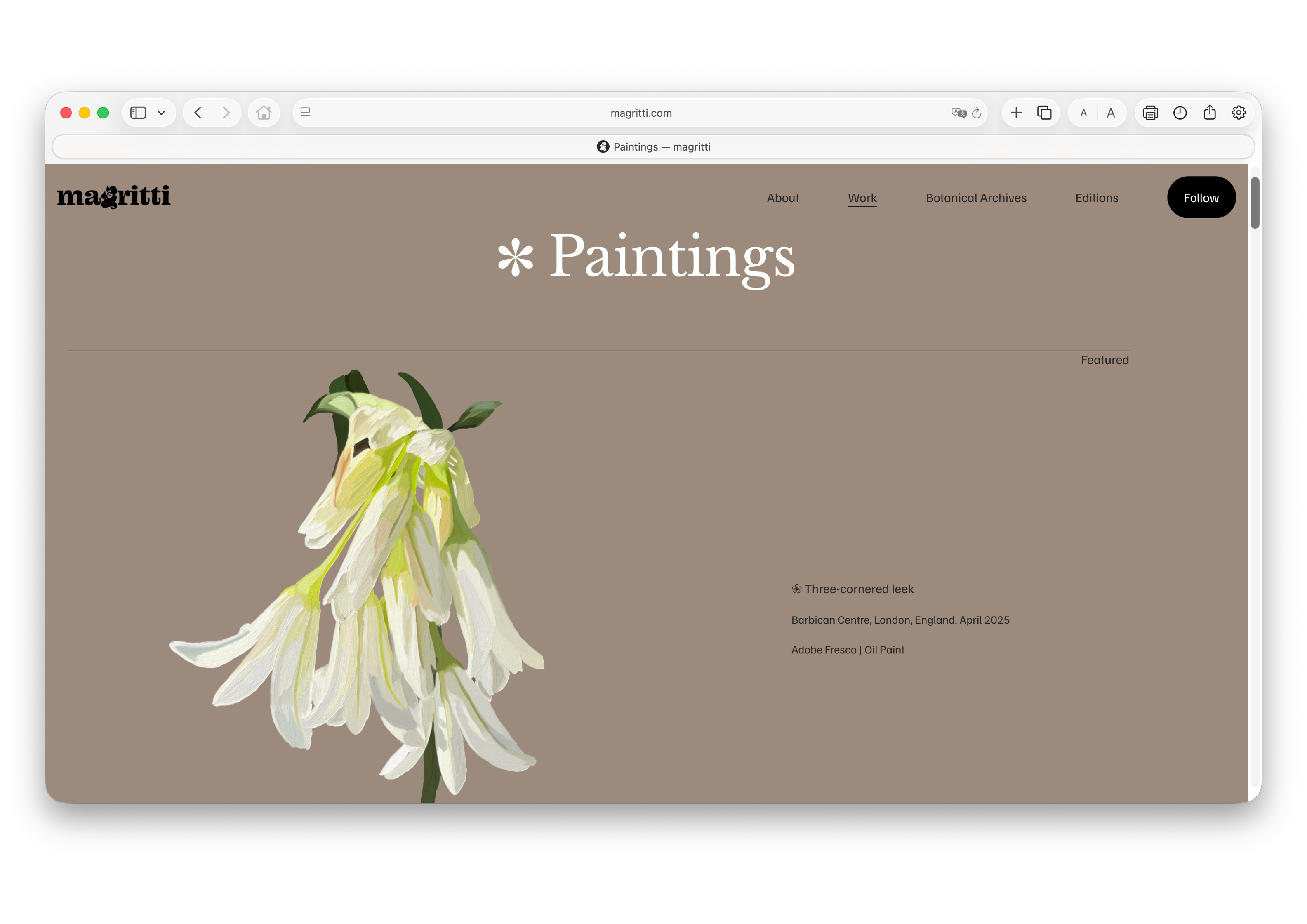 A published web page on a warm taupe background, with the heading Paintings and a painted white flowering stem set beside small caption text.