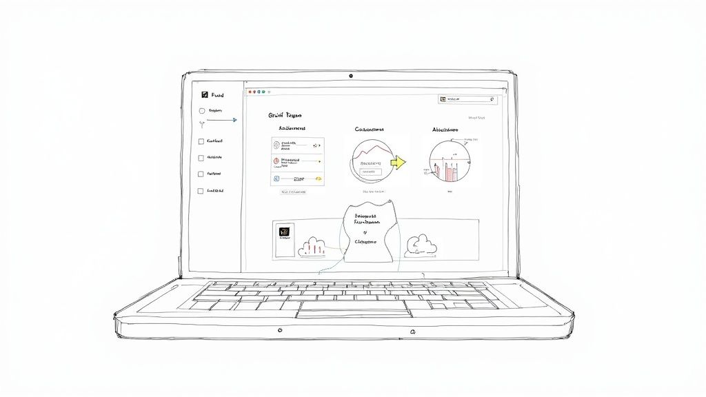 A detailed sketch of a laptop screen displaying a data analytics dashboard with charts and a sidebar menu.