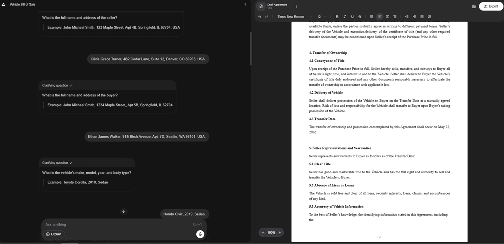 Split-screen interface showing an AI Lawyer collecting seller, buyer, and vehicle details for a vehicle bill of sale while generating the draft agreement on the right.