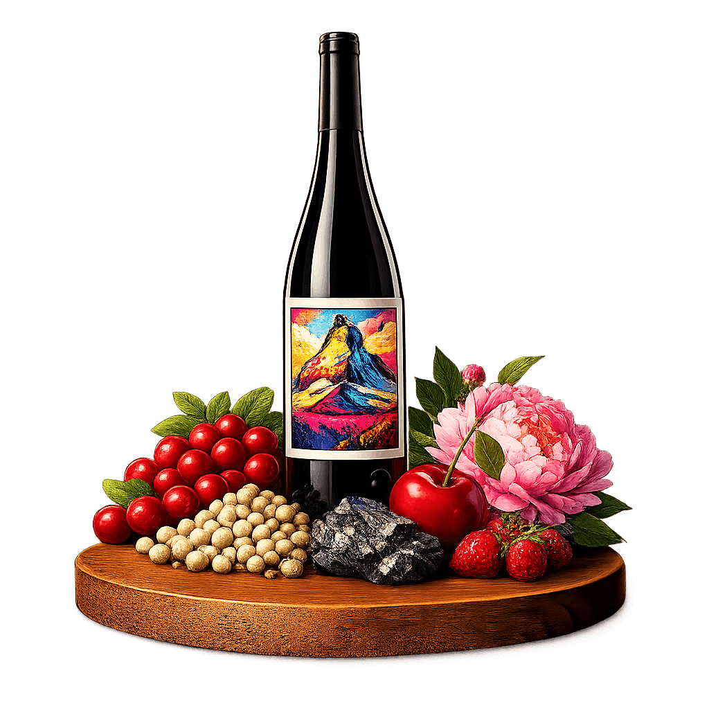 Artistic label and flavor profile for Swiss Gamay on a rustic wooden table.