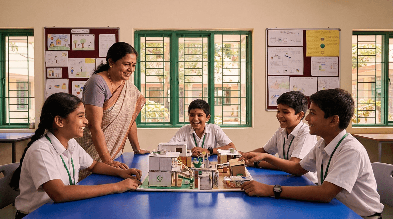 An NCFE teacher guiding students on a collaborative project
