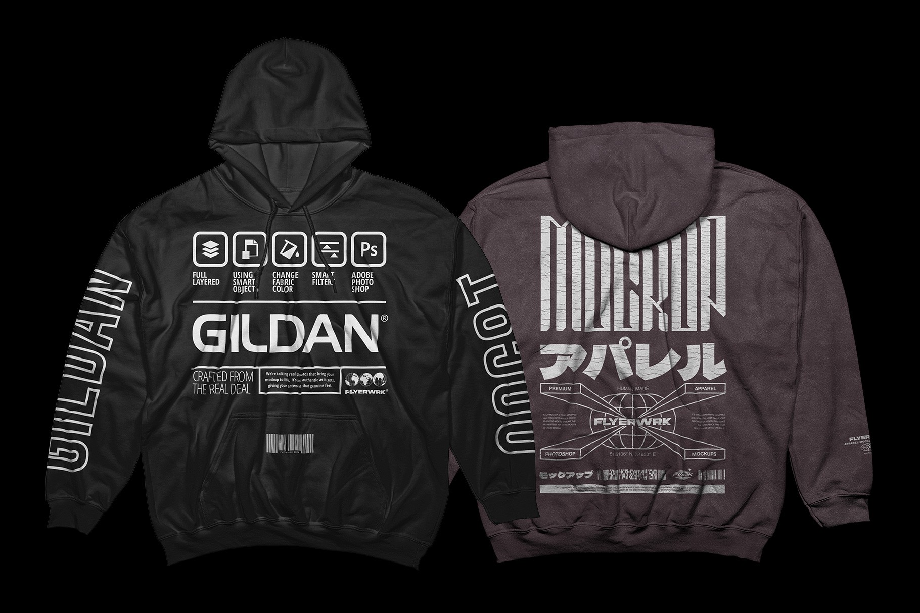 Gildan 18500 Hoodie wrinkled mockup front and back view with customizable design