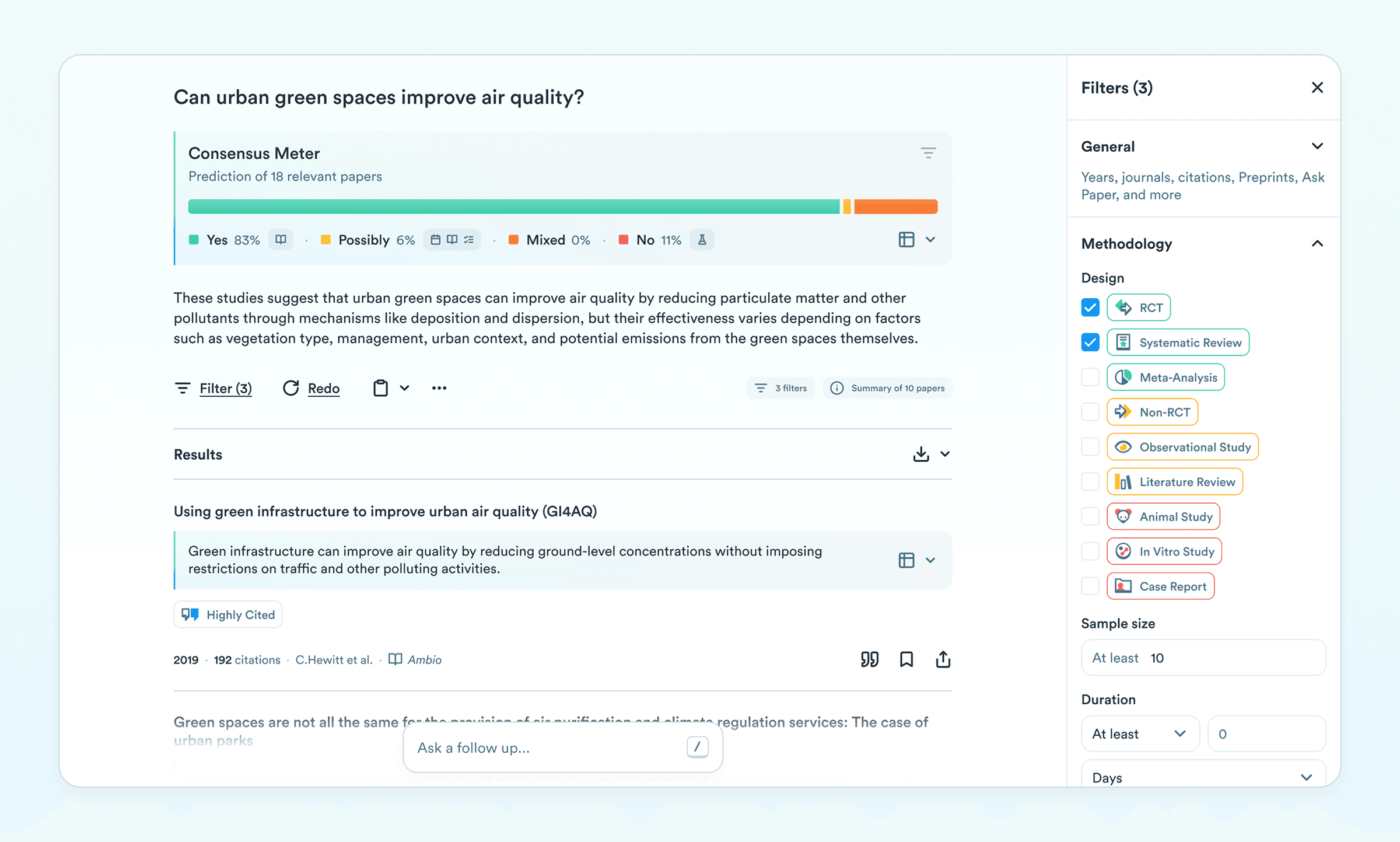 Screenshot of a Consensus search showing that 83% of 18 peer-reviewed studies support the idea that urban green spaces improve air quality. The interface highlights a summary of findings, evidence filters like RCT and Systematic Review, and a featured study on green infrastructure reducing pollution without traffic restrictions.