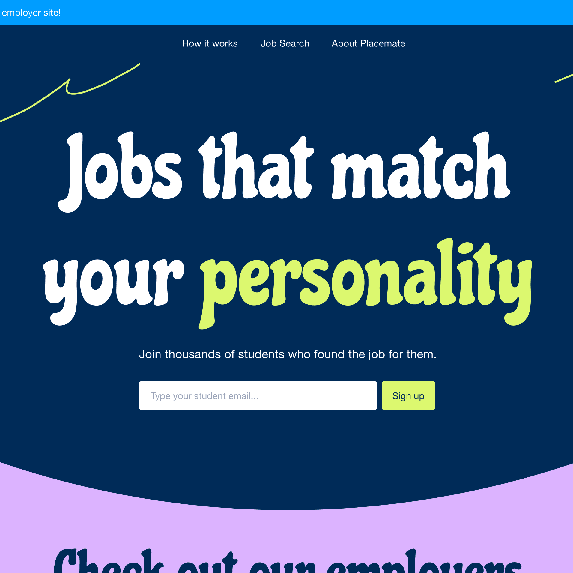 An image of the original Placemate homepage. It is a jobs search engine with the words "Jobs that match your personality" in a funky font. The text is which and light green on a navy background.