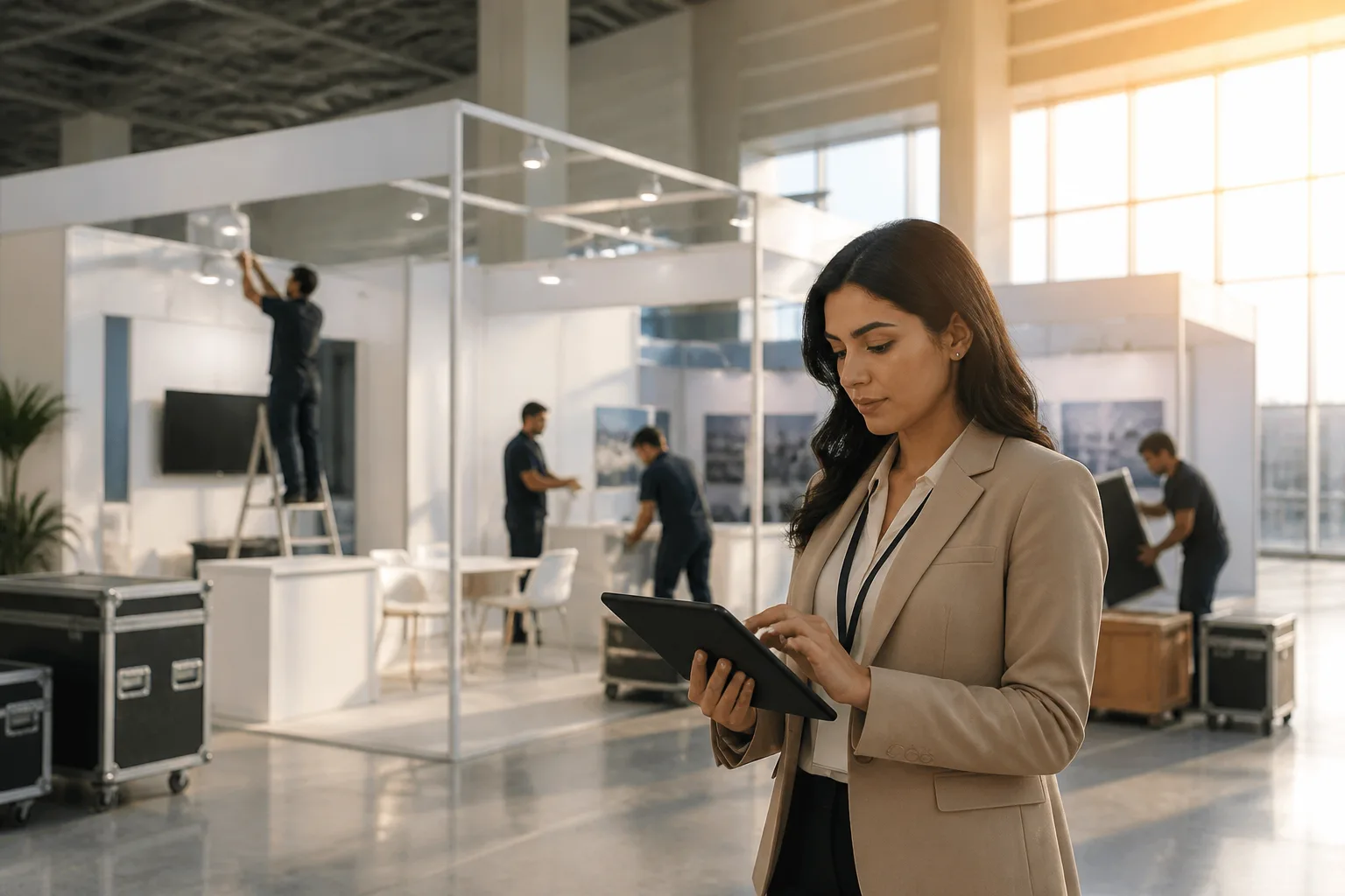 Exhibition Management Business Setup in Dubai beside a Dubai trade license document and a modern