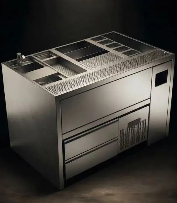 Mixology station from stainless steel with integrated freezer drawers