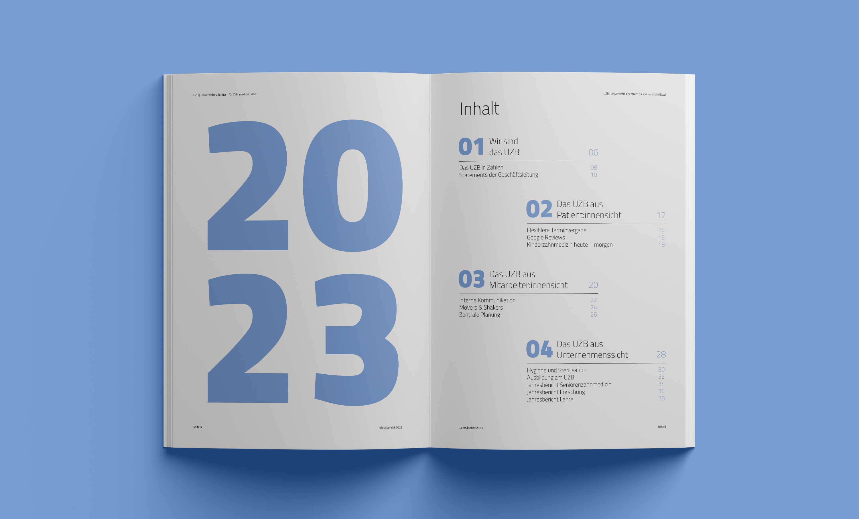 Layoutgestaltung des UZB Jahresberichts 2023 – präzise Rasterstruktur und klare Hierarchie im Editorial Design