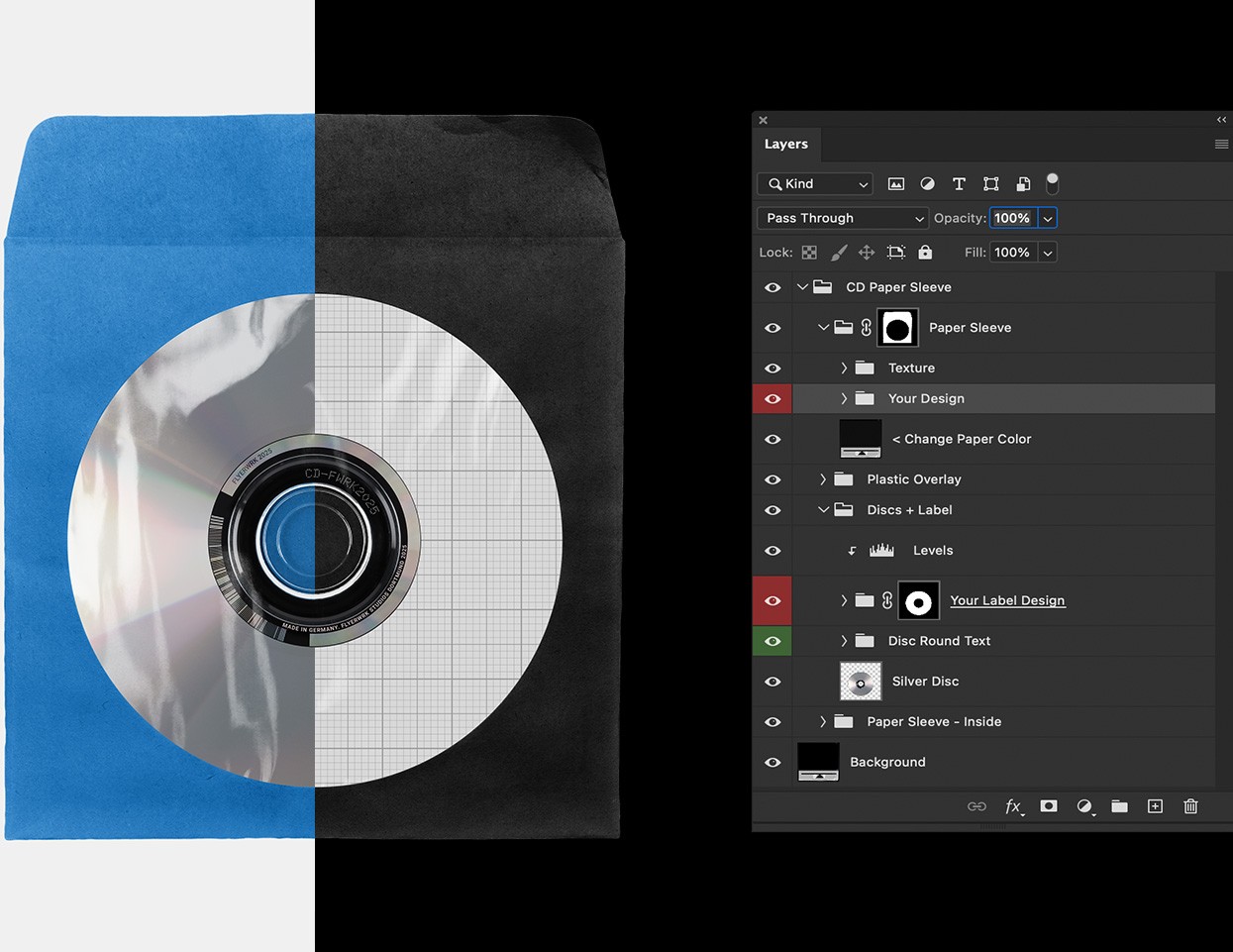Photoshop workspace showing organized layers and color customization options for the CD paper sleeve mockup