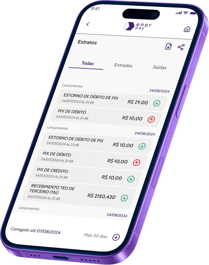 Mockup do app mostrando extrato e lista de transações com valores e status