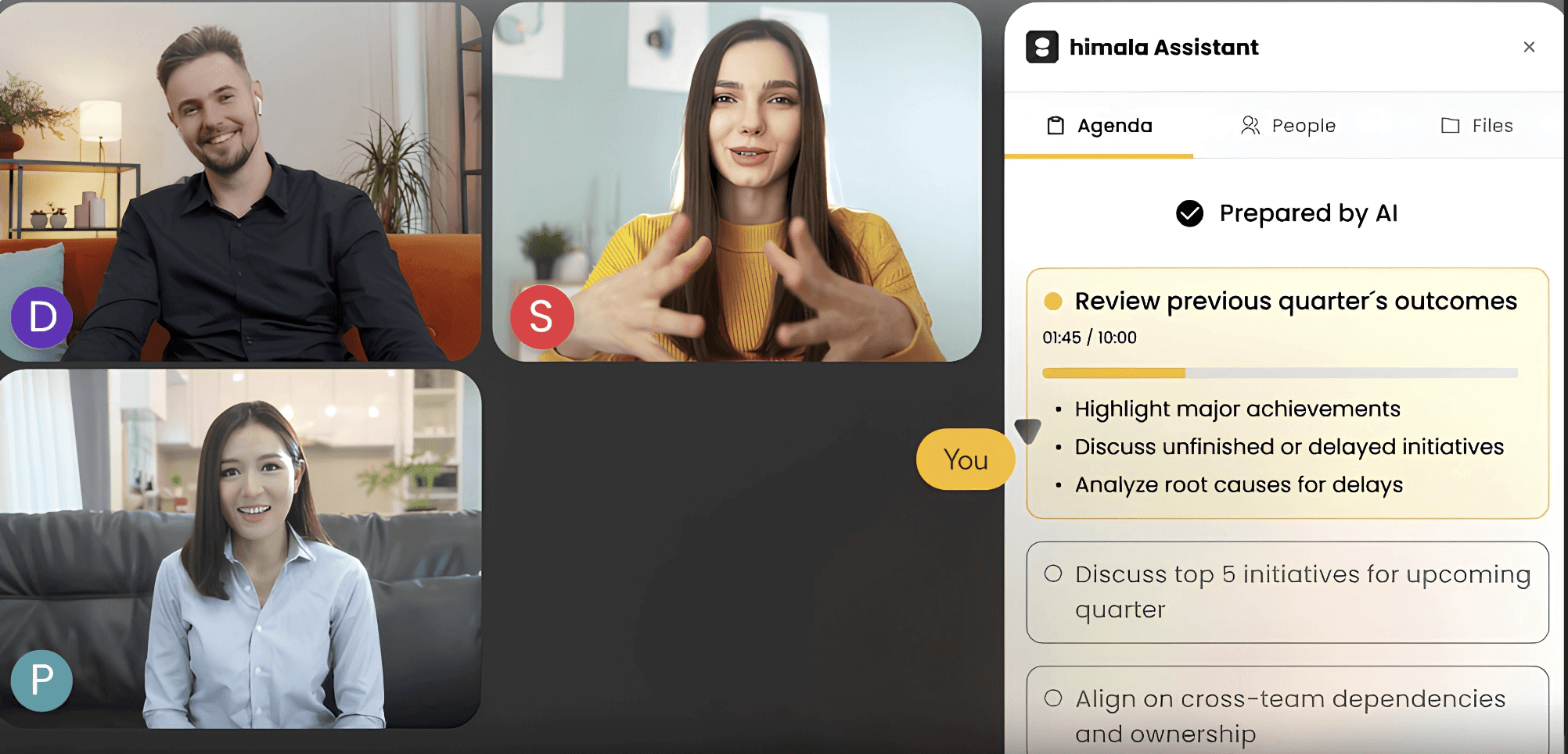 The Himala in-meeting experience. While the team collaborates on video, the sidebar keeps the meeting on track with an automated 'Agenda' view, showing the current topic, remaining time, and key discussion points prepared by AI.
