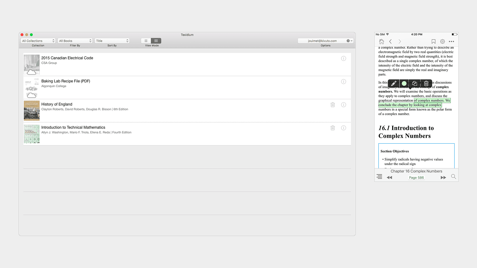 Composite screenshot of the original Texidium interfaces: on the left, a macOS window titled 'Texidium' with dropdowns for 'All Collections', 'All Books', and 'Title' filters, view-mode icons, and a vertical list of four books each with thumbnail and info icon; on the right, the iOS interface showing the reader with grey header icons, chapter text on complex numbers with a green highlight, and a bottom navigation bar labeled 'Chapter 16 Complex Numbers' and 'Page 586.'