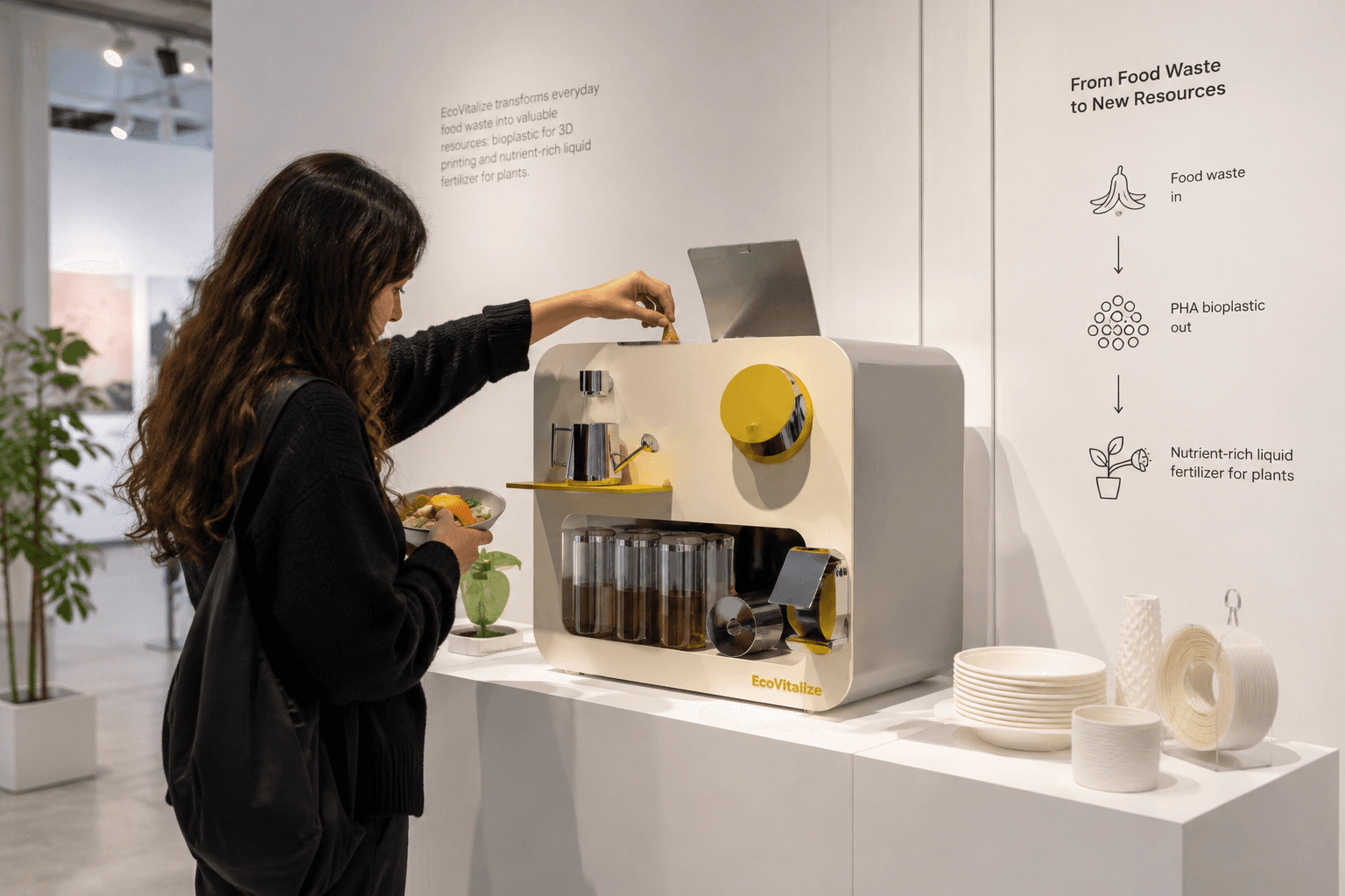 Exhibition visualisation: a visitor feeding food scraps into EcoVitalize (AI-generated from project renders)