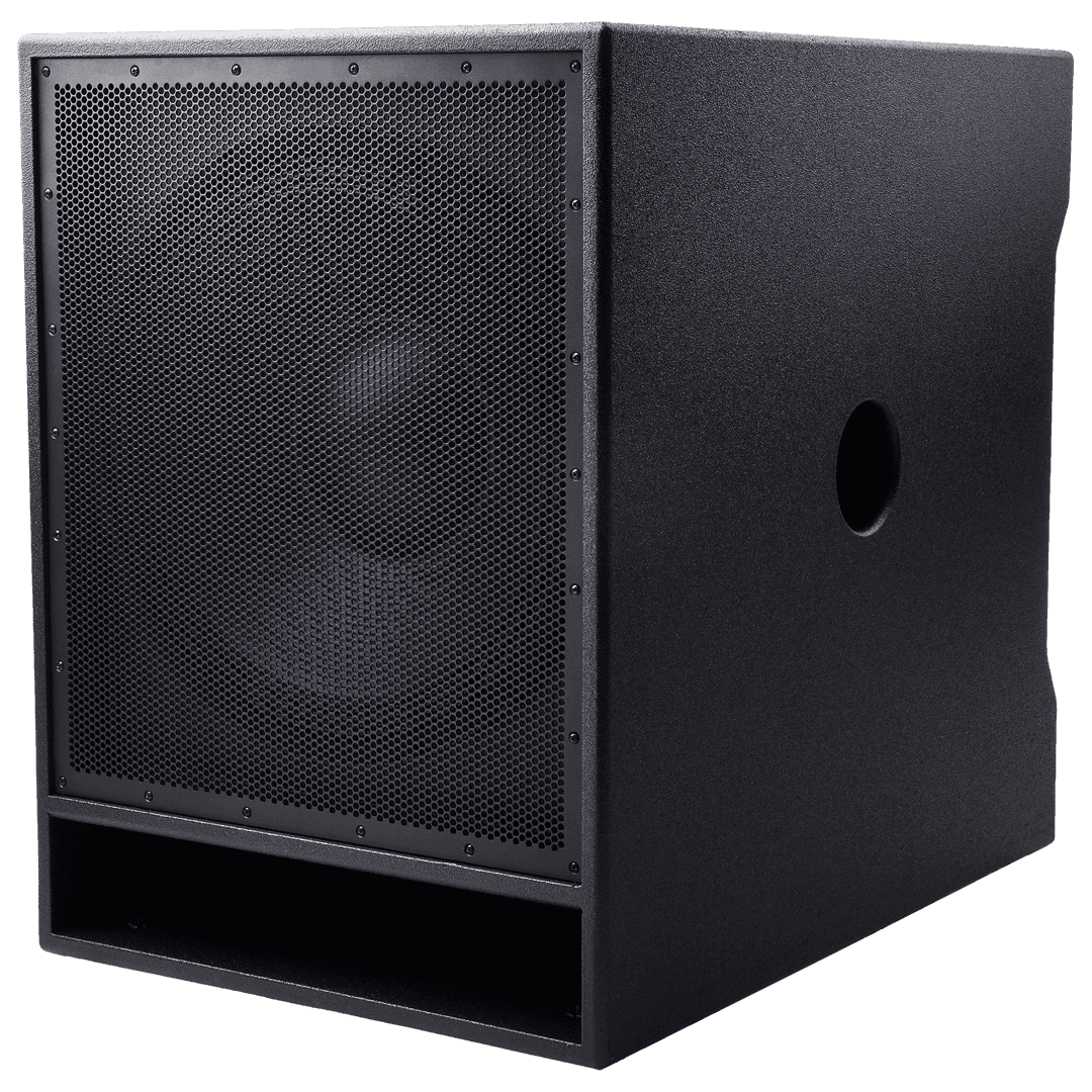 Black subwoofer speaker with front grille and side port