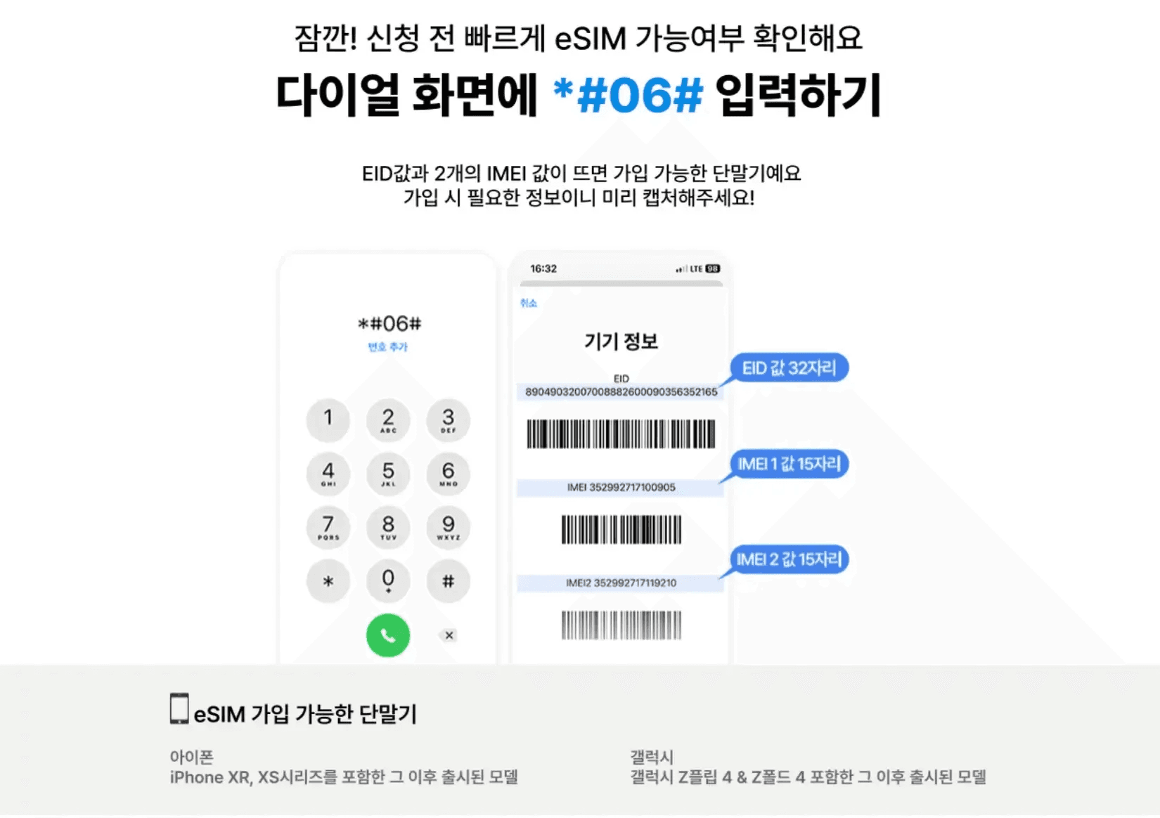 스마트폰 다이얼 화면에 *#06#을 입력하여 EID와 IMEI 값을 확인하는 방법과 함께 eSIM 가입이 가능한 아이폰 및 갤럭시 단말기 모델을 안내하는 이미지입니다.