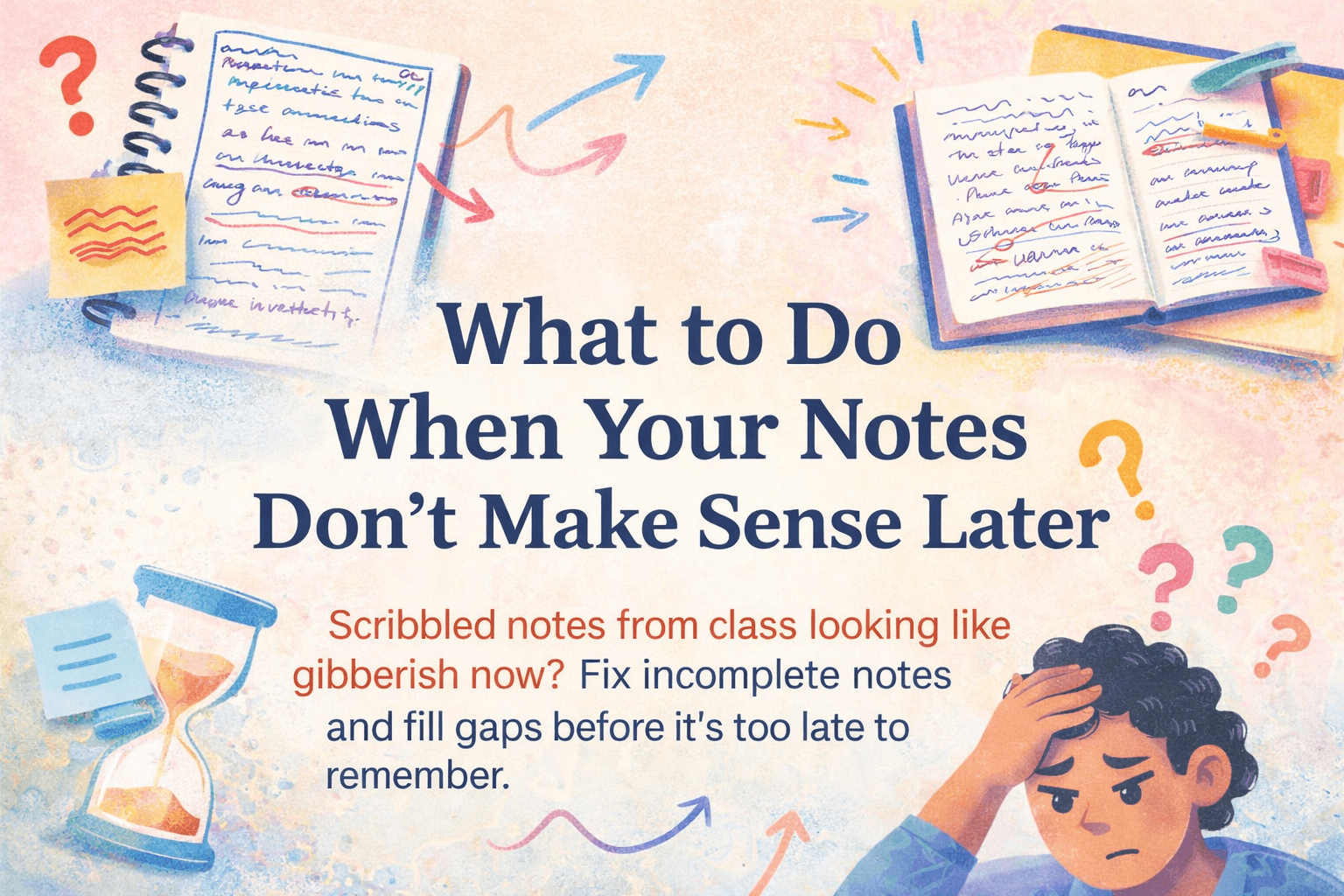 What to Do When Your Notes Don't Make Sense Later, messy notes, arrows, and puzzled student fixing gaps in study notes.