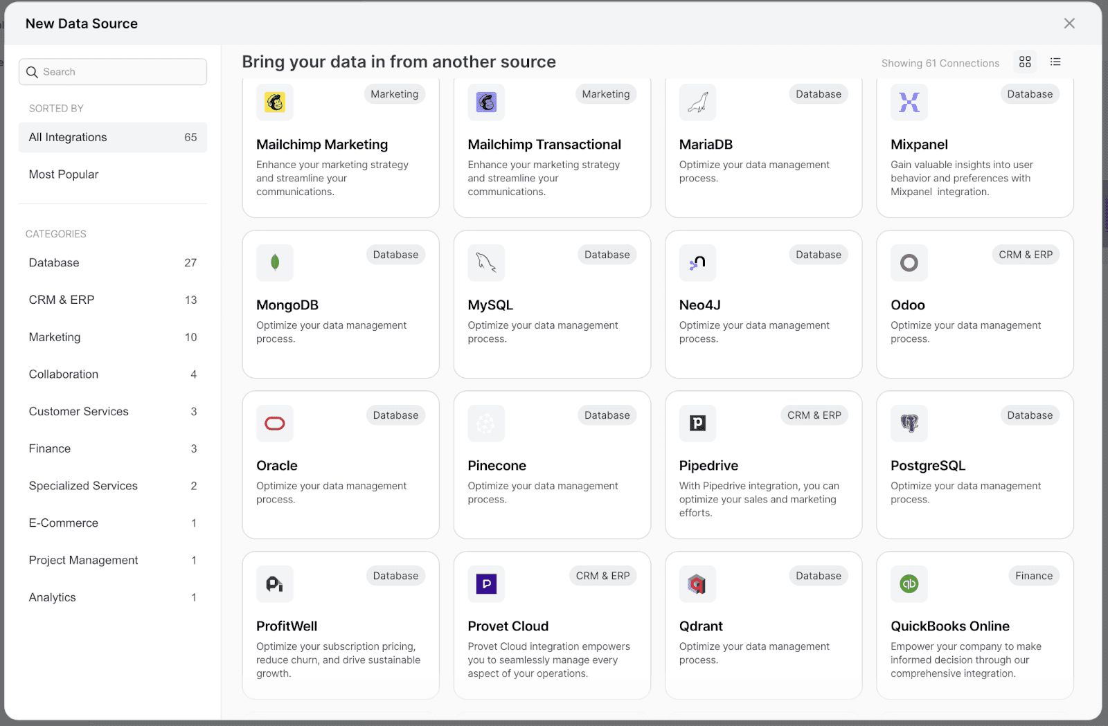 Upsolve AI data source integrations screen with databases and SaaS tools