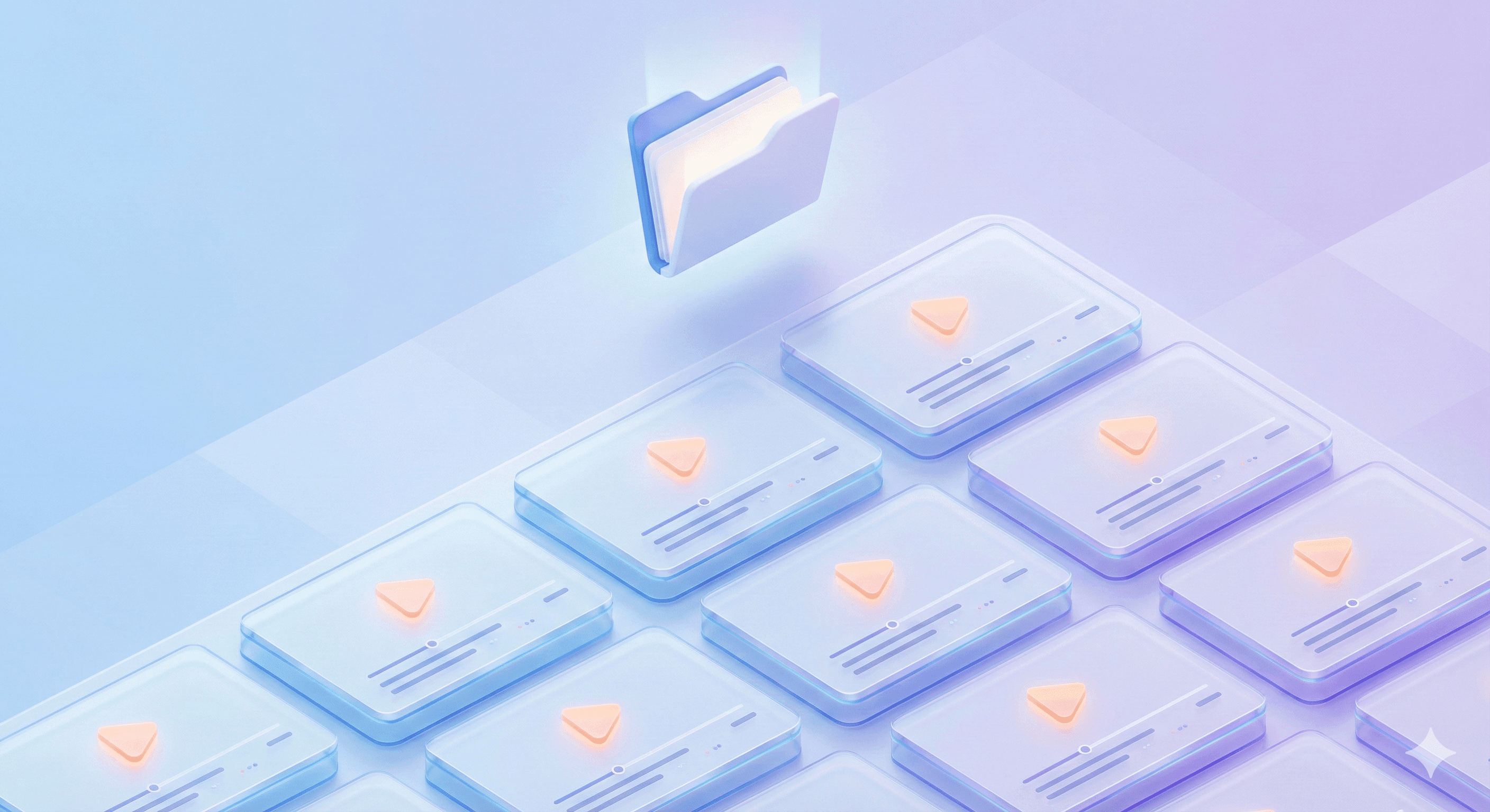 Veronix digital SOP library graphic. Isometric view of organized glass folders with play icons, symbolizing the delivery of accessible video walkthroughs and technical documentation.