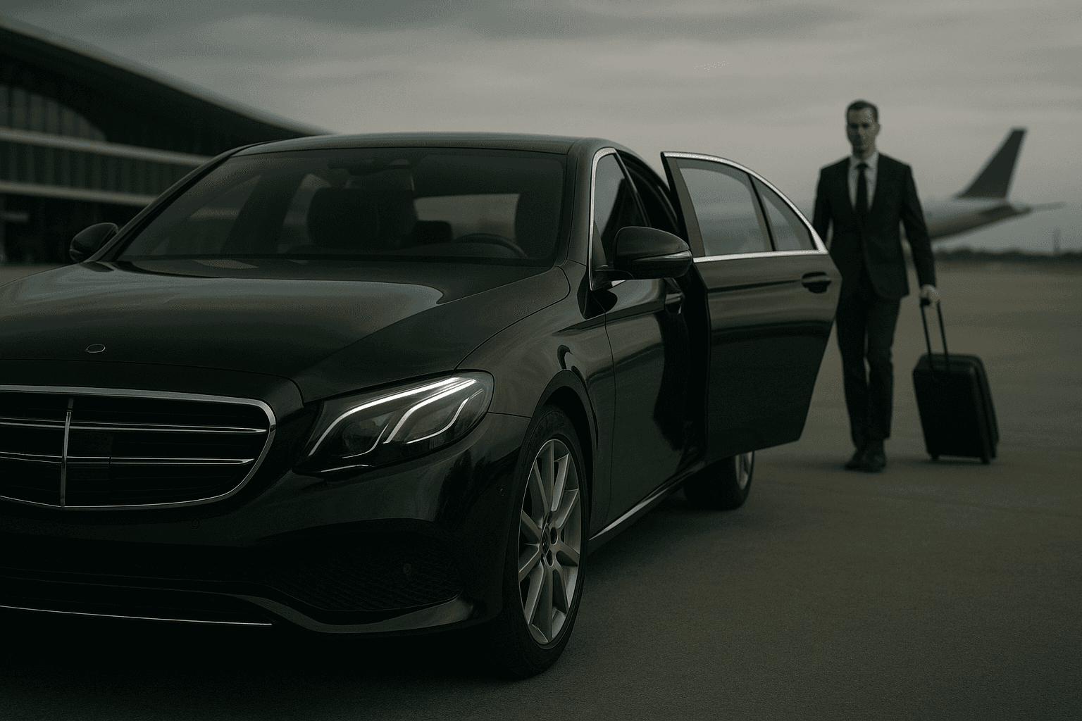 Luxury chauffeur car parked outside an airport terminal with a driver assisting a passenger with luggage.