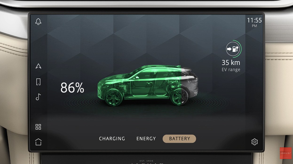 Pivi Pro EV Battery tab showing 86% state of charge and 35 km EV range