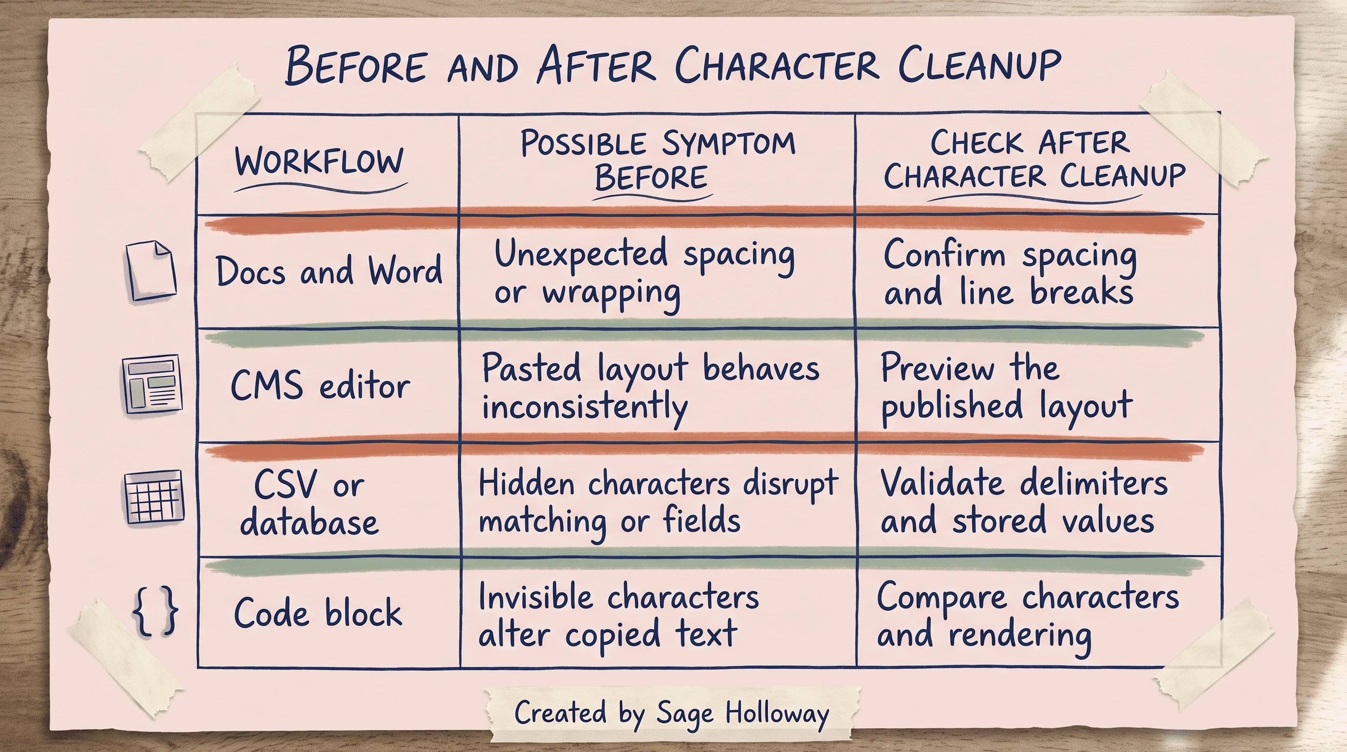 Before and after cleanup table for documents, CMS editors, CSV, databases, and code blocks