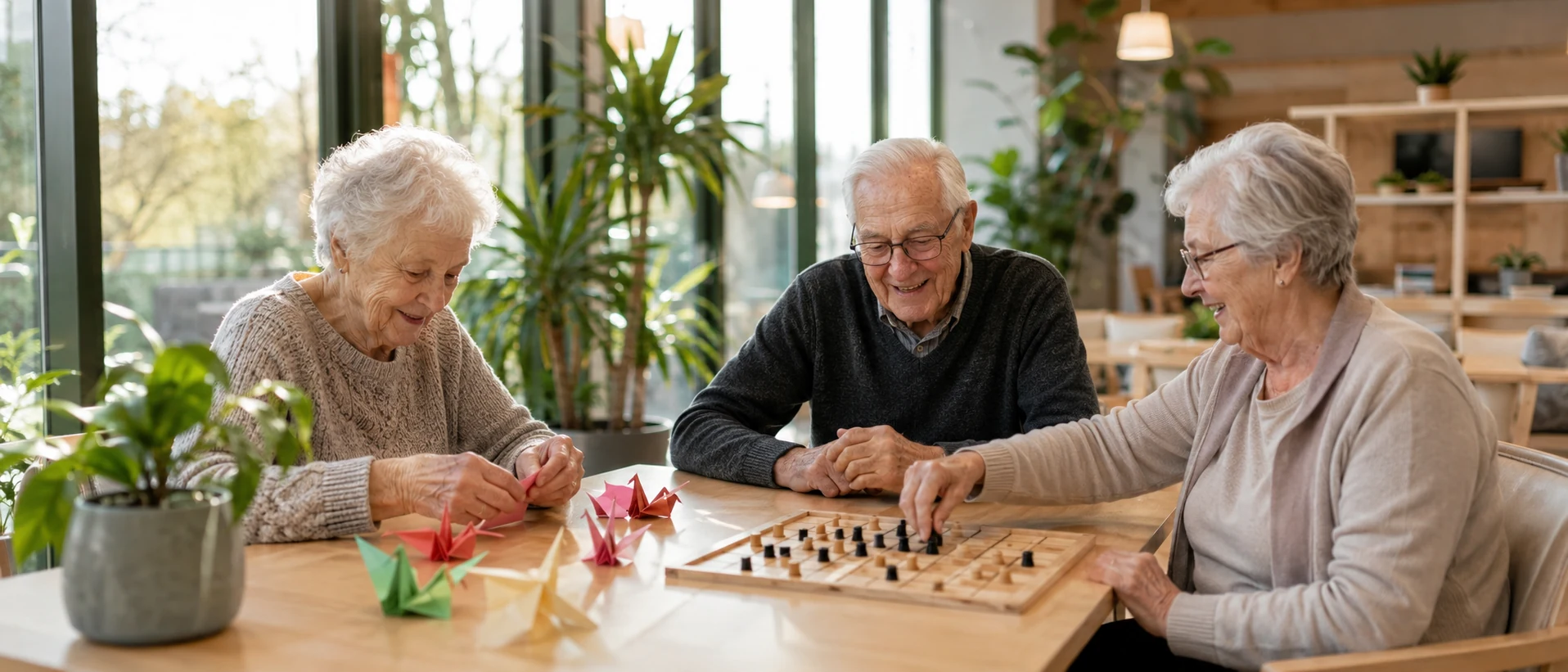 Senioren spielen Brettspiele in heller Tagespflege – Tagespflege als Investment 2026