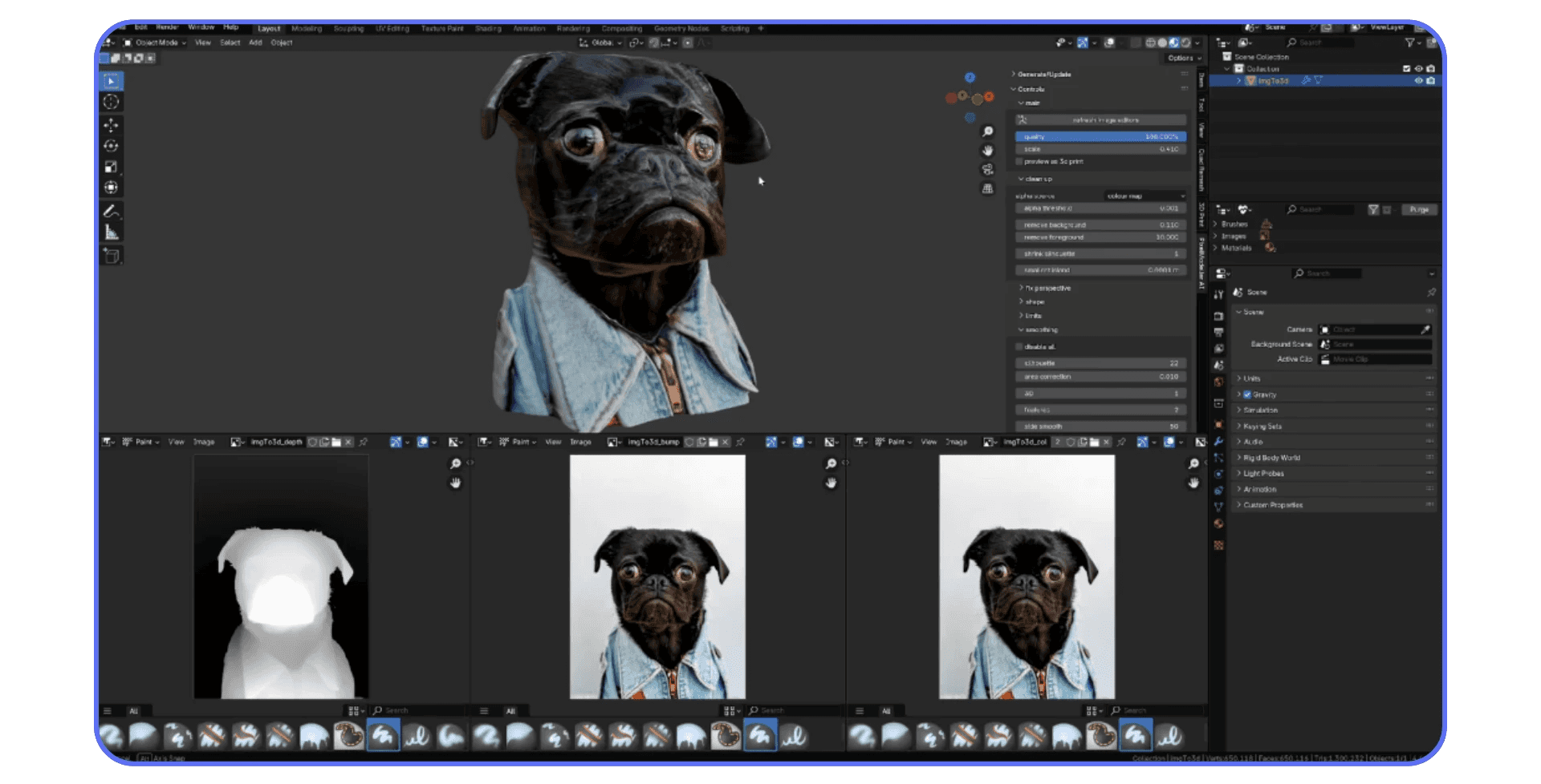 Blender interface showing a 3D model of a small black dog in a denim jacket, with reference photos and depth maps visible below in the workspace.
