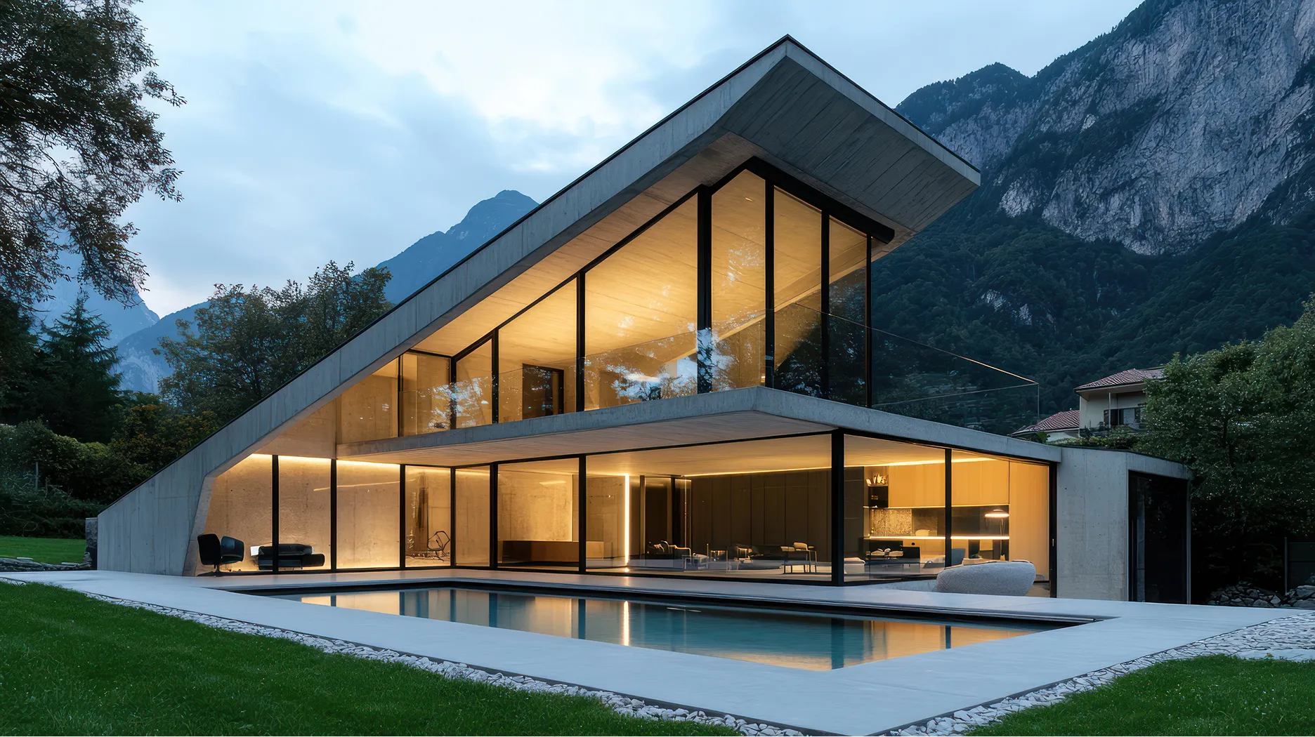 Modern luxury villa with floor-to-ceiling glass walls and infinity pool nestled against a mountain backdrop at twilight.