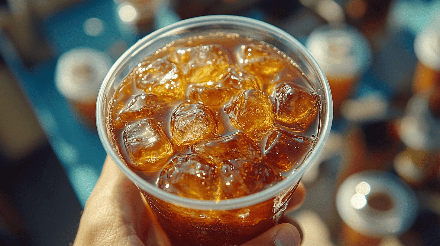 A hand holding a cold glass of Coke with ice cubes, set against a blurred background of similar drinks.