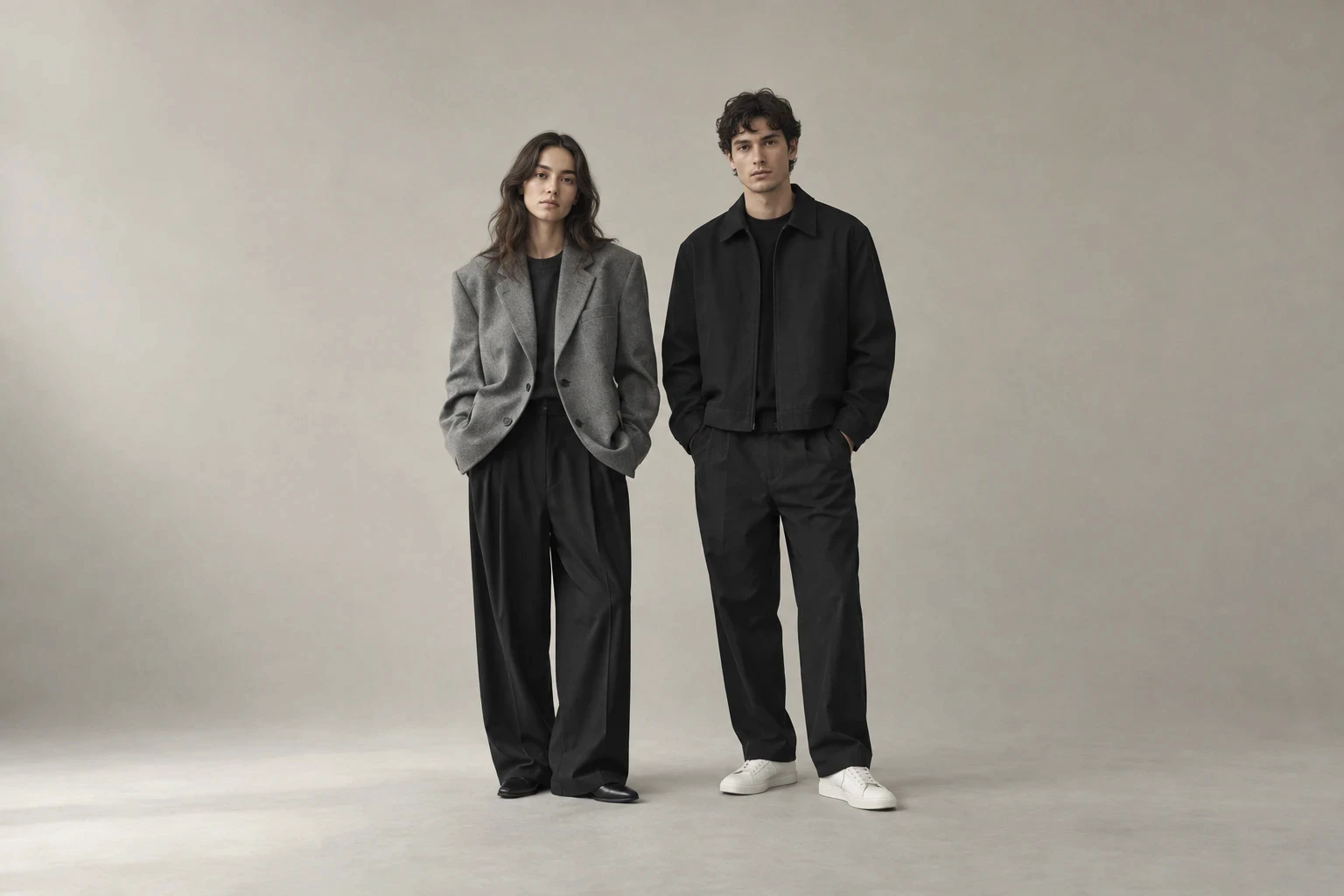Two models in grey and black tailoring on a pale grey studio backdrop