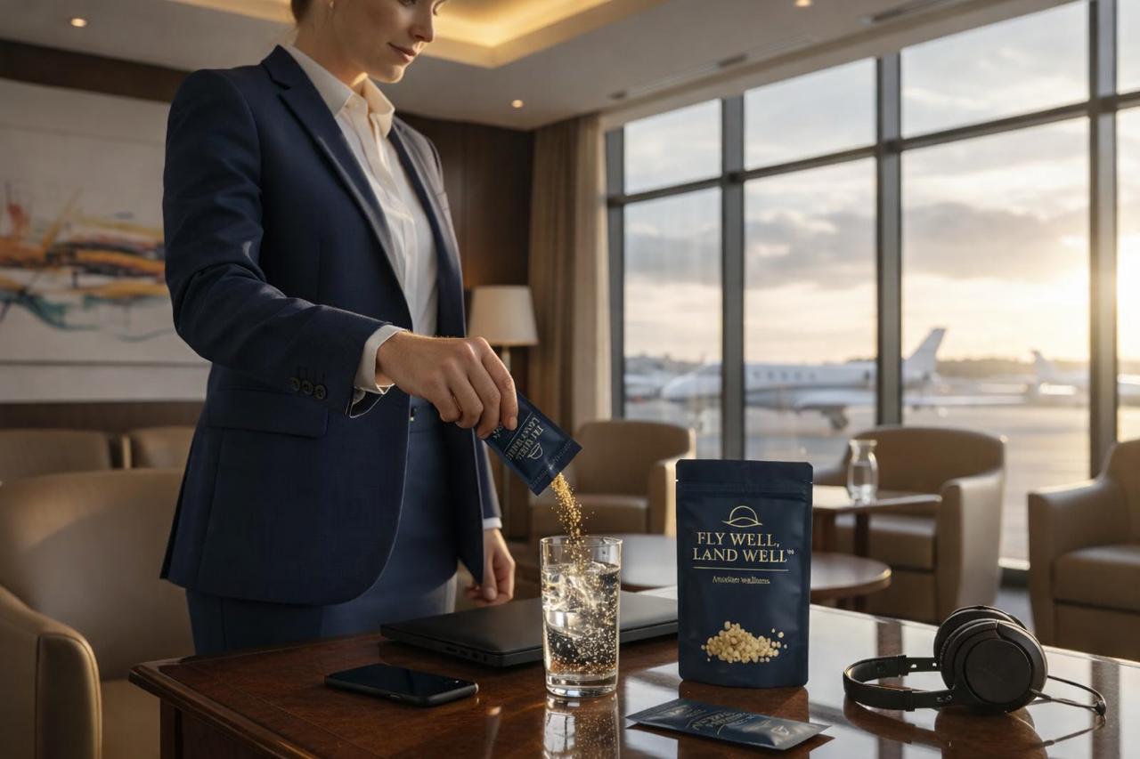 Woman pouring Fly Well Land Well product into glass of water