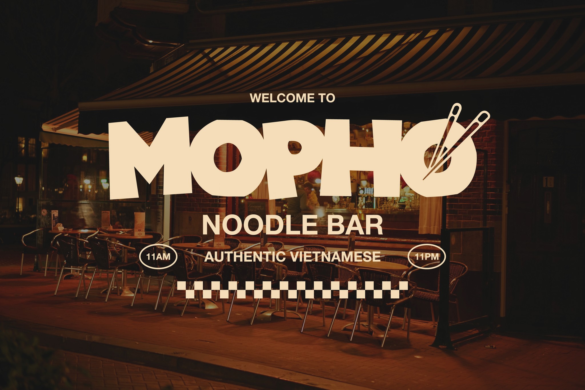 Brand signage and logo design for Mopho Noodle Bar, an authentic Vietnamese restaurant with bold typography and a warm, inviting atmosphere